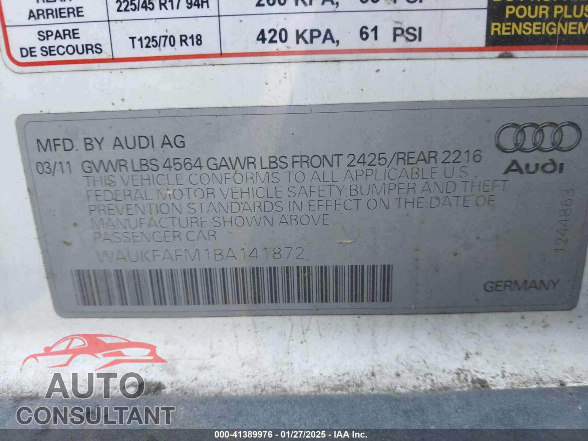 AUDI A3 2011 - WAUKFAFM1BA141872