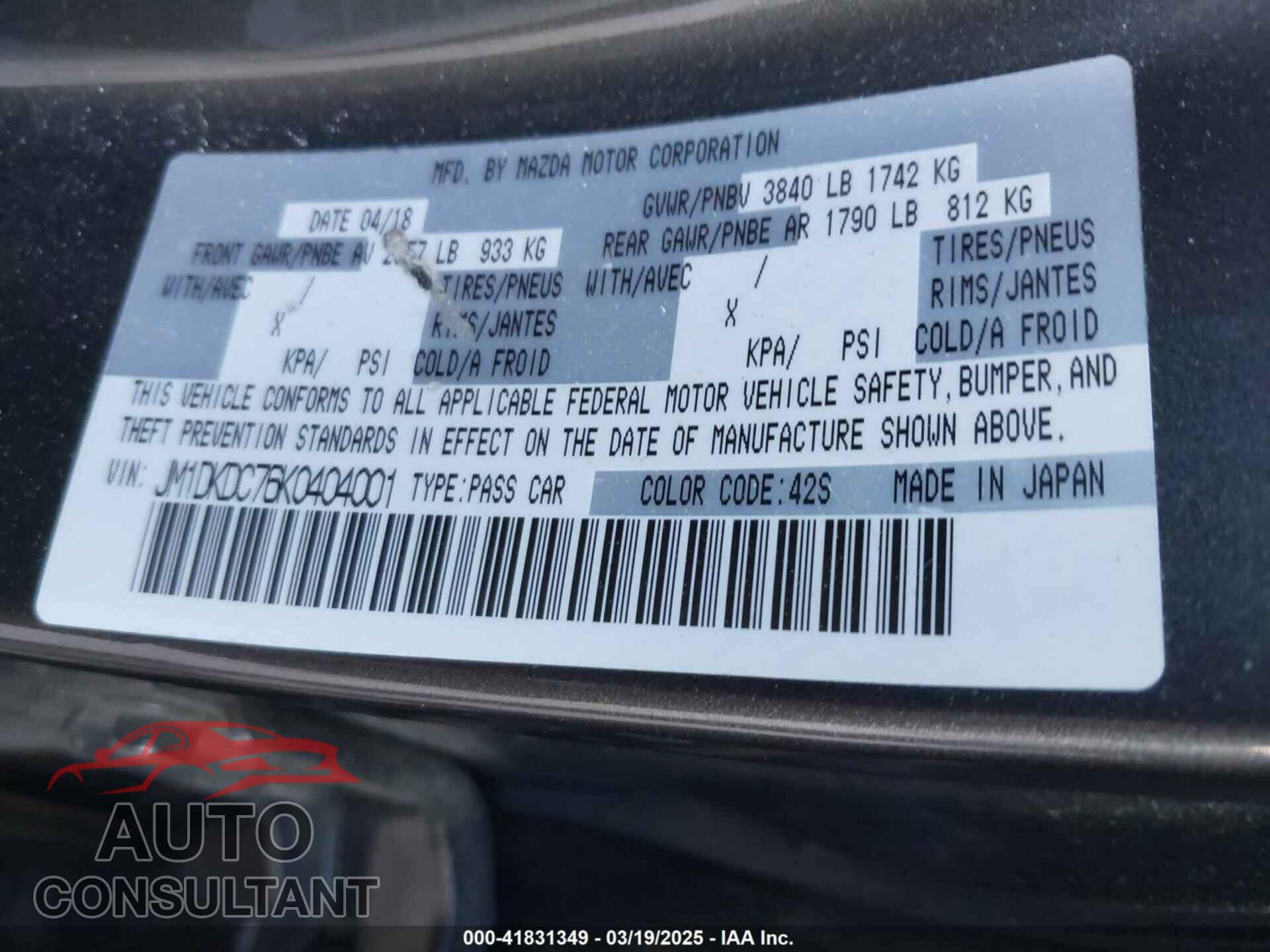 MAZDA CX-3 2019 - JM1DKDC76K0404001