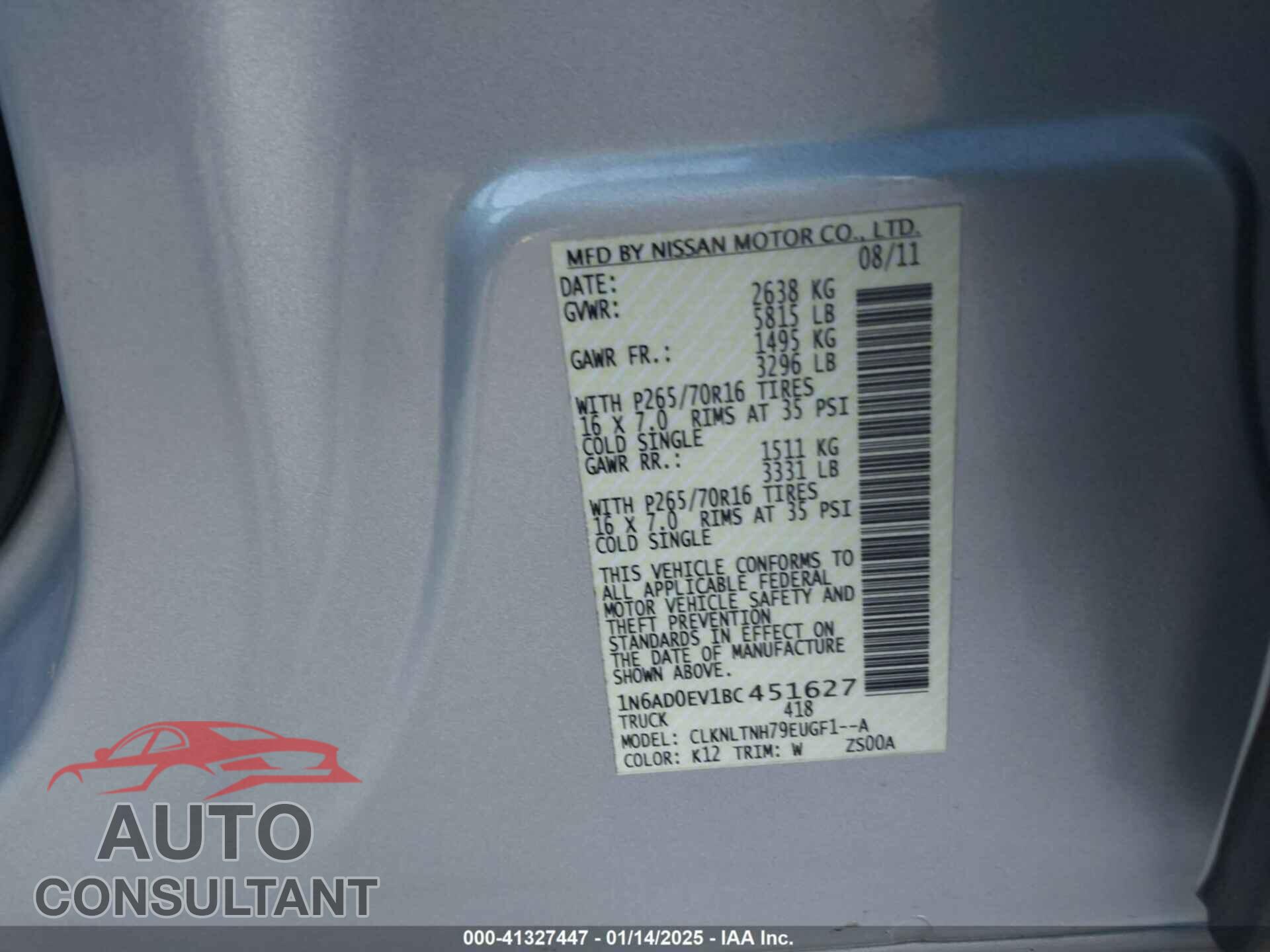 NISSAN FRONTIER 2011 - 1N6AD0EV1BC451627