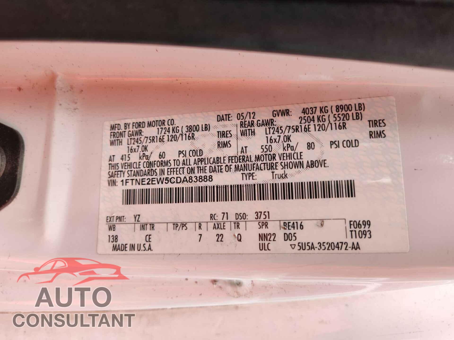 FORD ECONOLINE 2012 - 1FTNE2EW5CDA83888