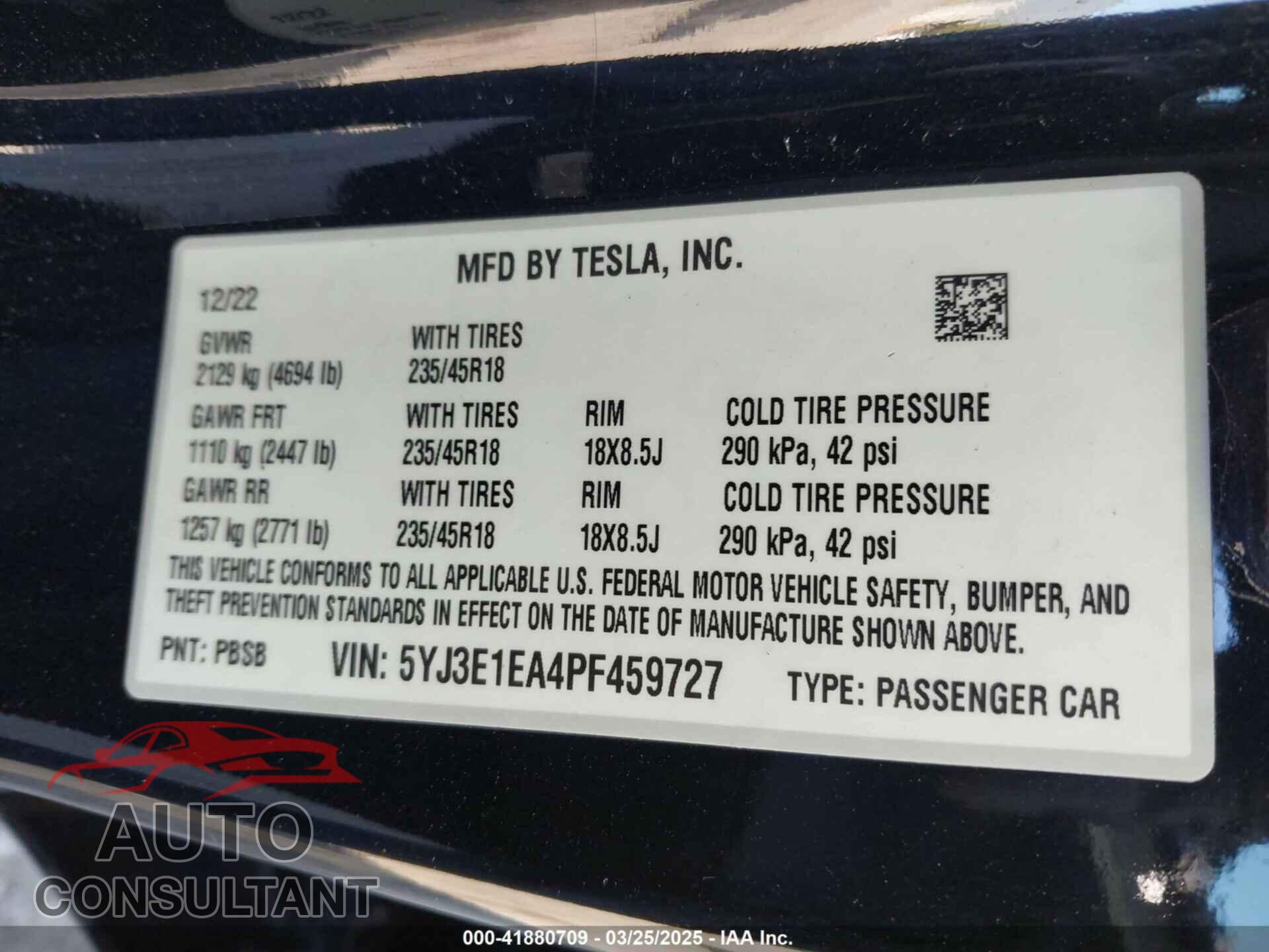 TESLA MODEL 3 2023 - 5YJ3E1EA4PF459727
