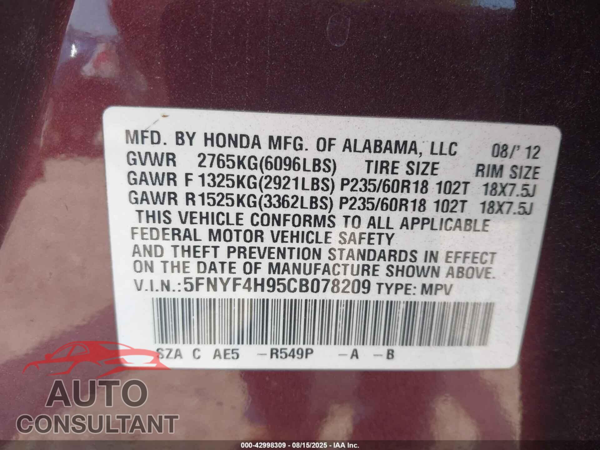 HONDA PILOT 2012 - 5FNYF4H95CB078209
