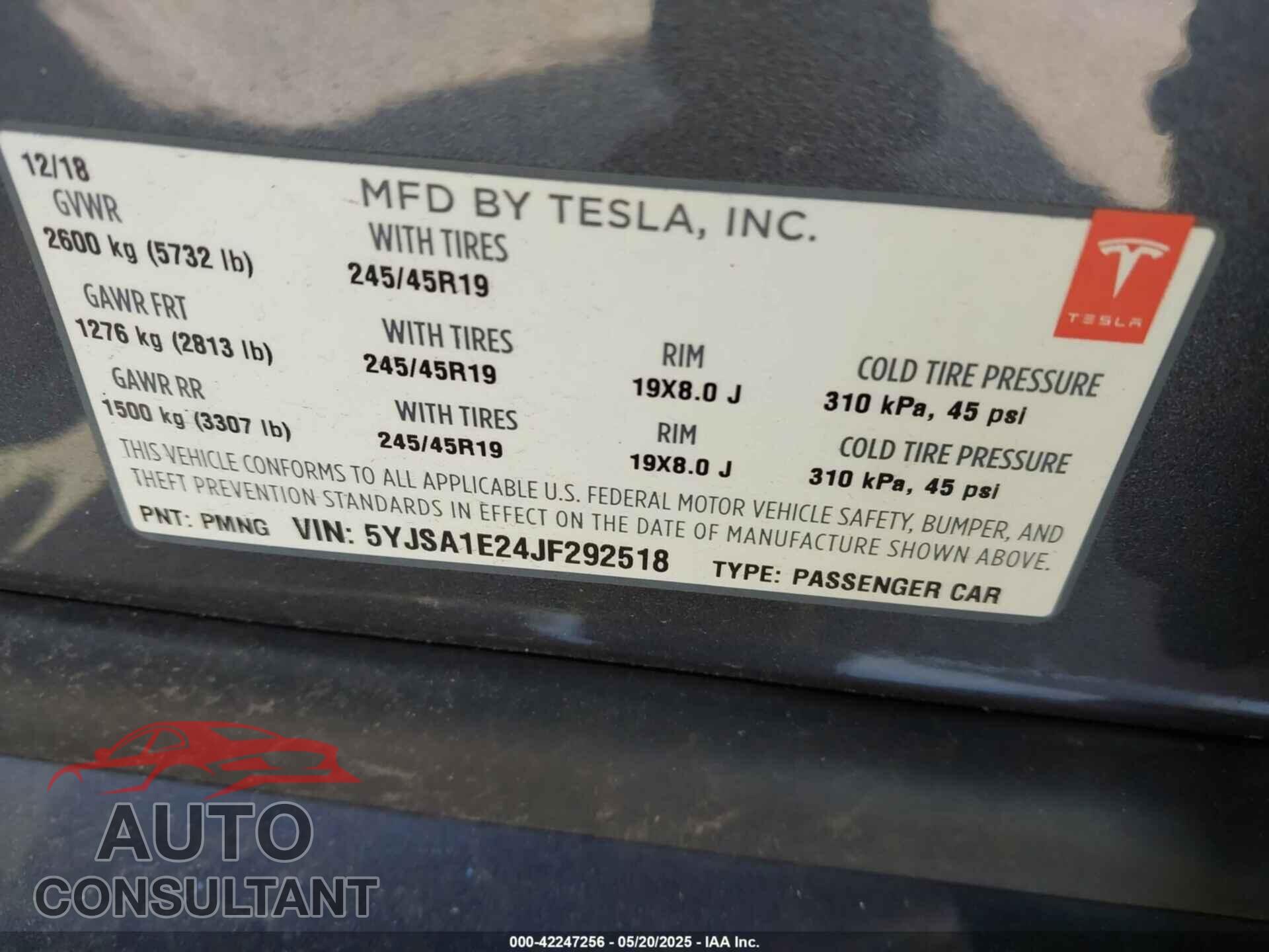 TESLA MODEL S 2018 - 5YJSA1E24JF292518