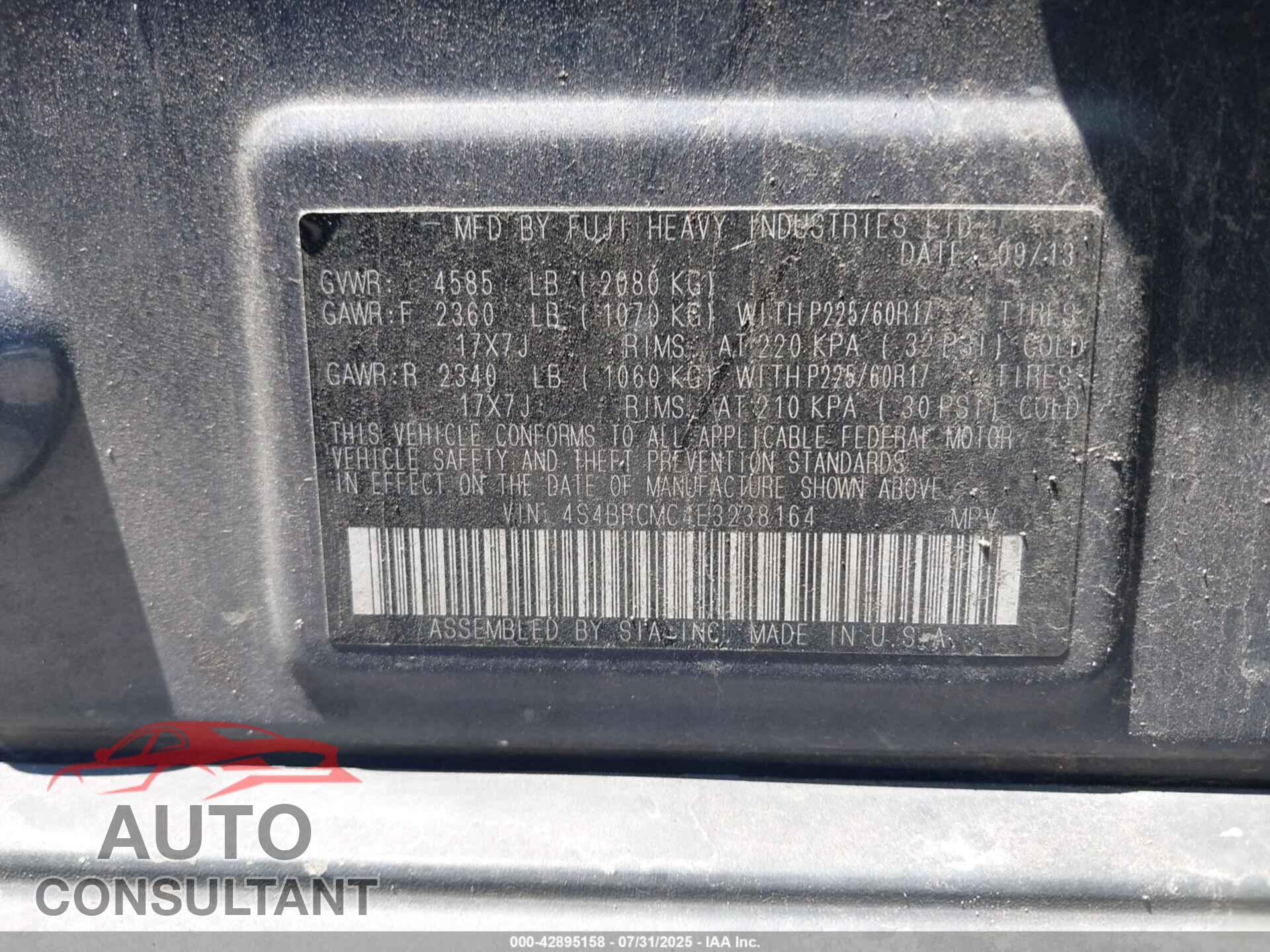SUBARU OUTBACK 2014 - 4S4BRCMC4E3238164
