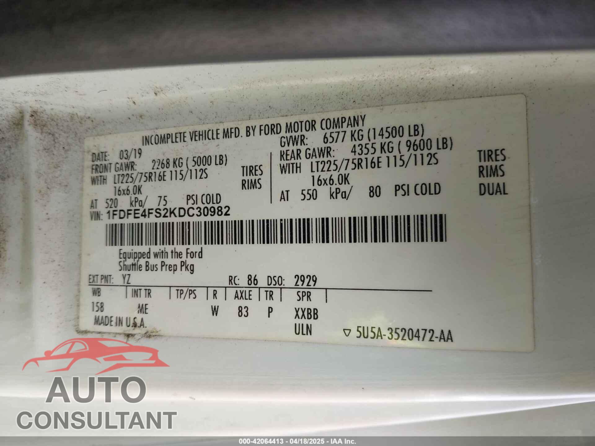 FORD E-450 CUTAWAY 2019 - 1FDFE4FS2KDC30982
