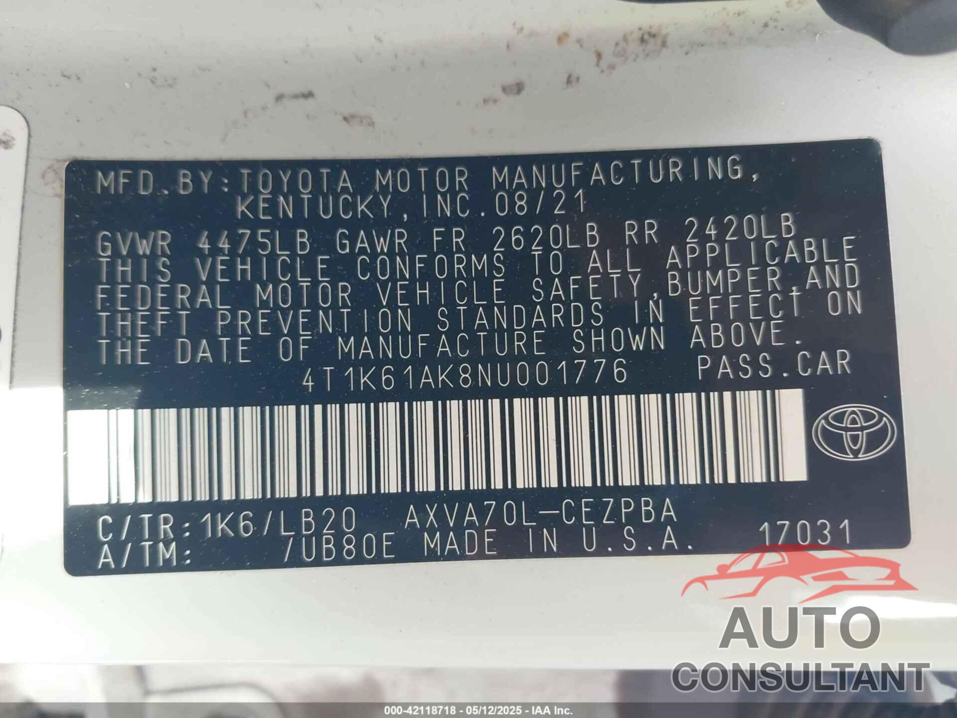 TOYOTA CAMRY 2022 - 4T1K61AK8NU001776