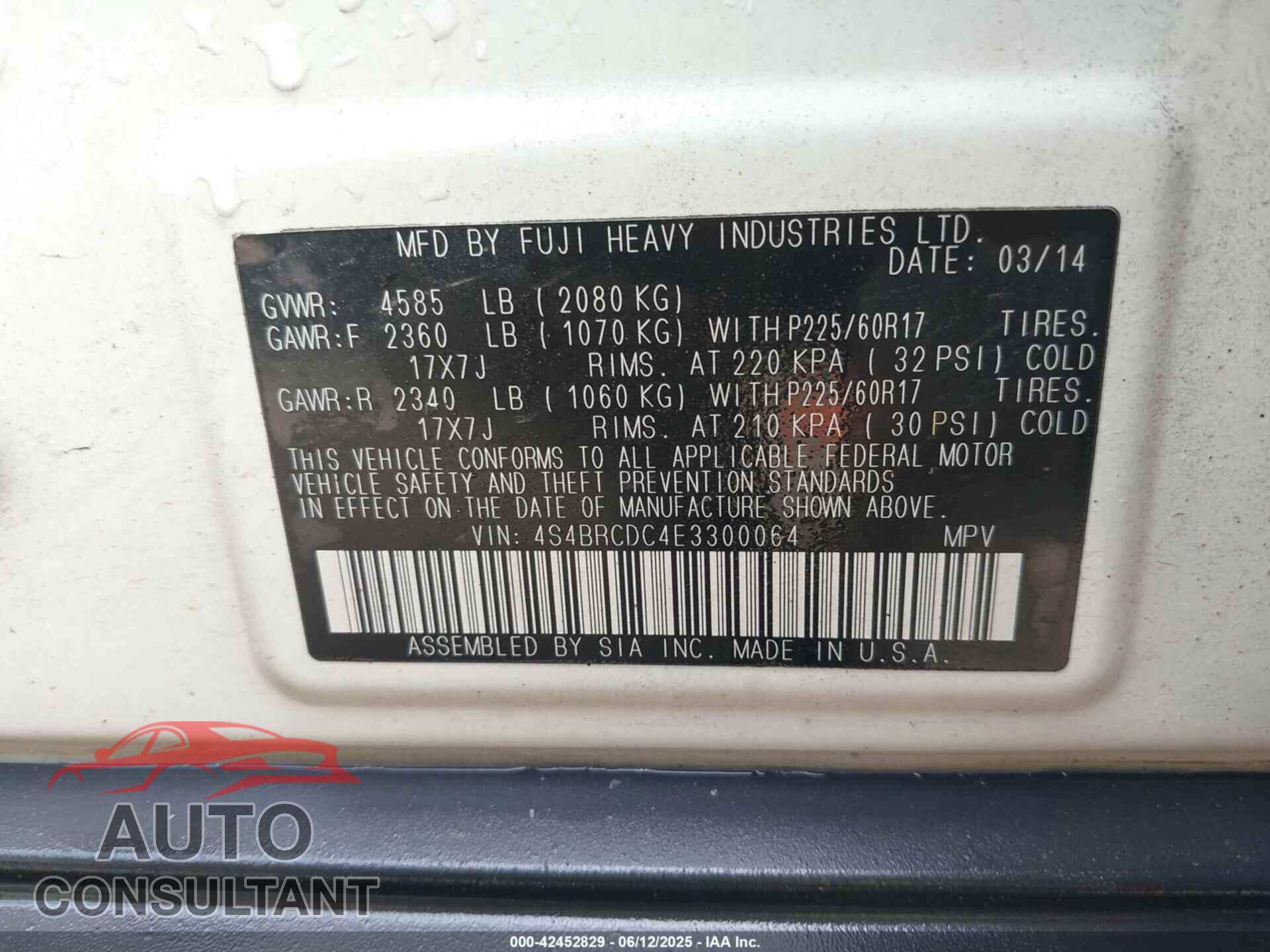 SUBARU OUTBACK 2014 - 4S4BRCDC4E3300064