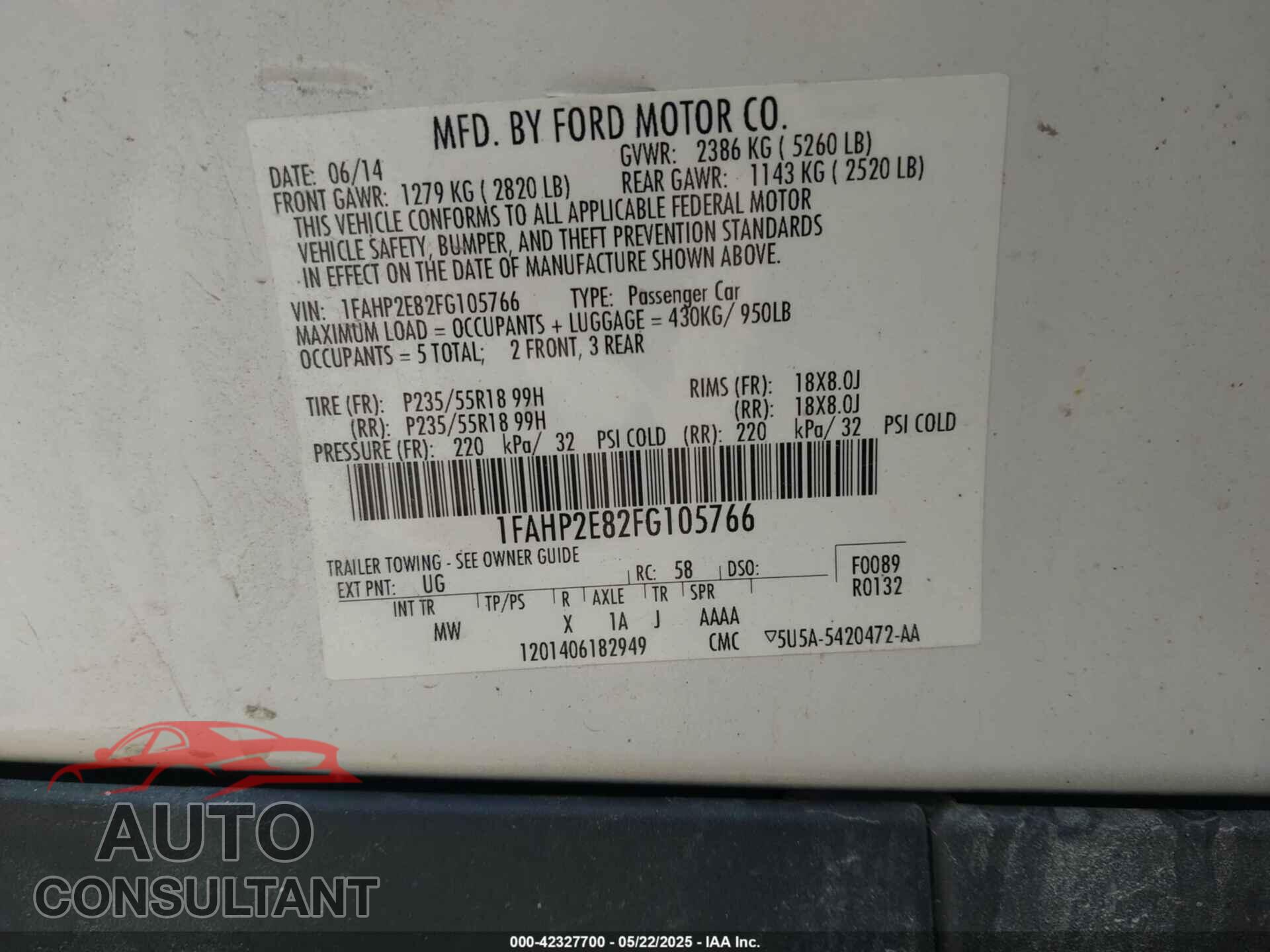 FORD TAURUS 2015 - 1FAHP2E82FG105766