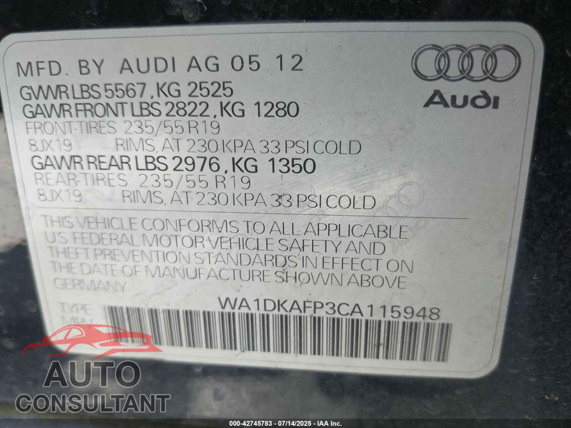 AUDI Q5 2012 - WA1DKAFP3CA115948
