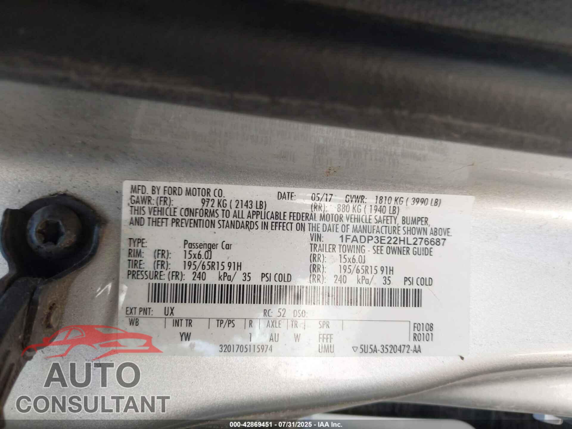 FORD FOCUS 2017 - 1FADP3E22HL276687