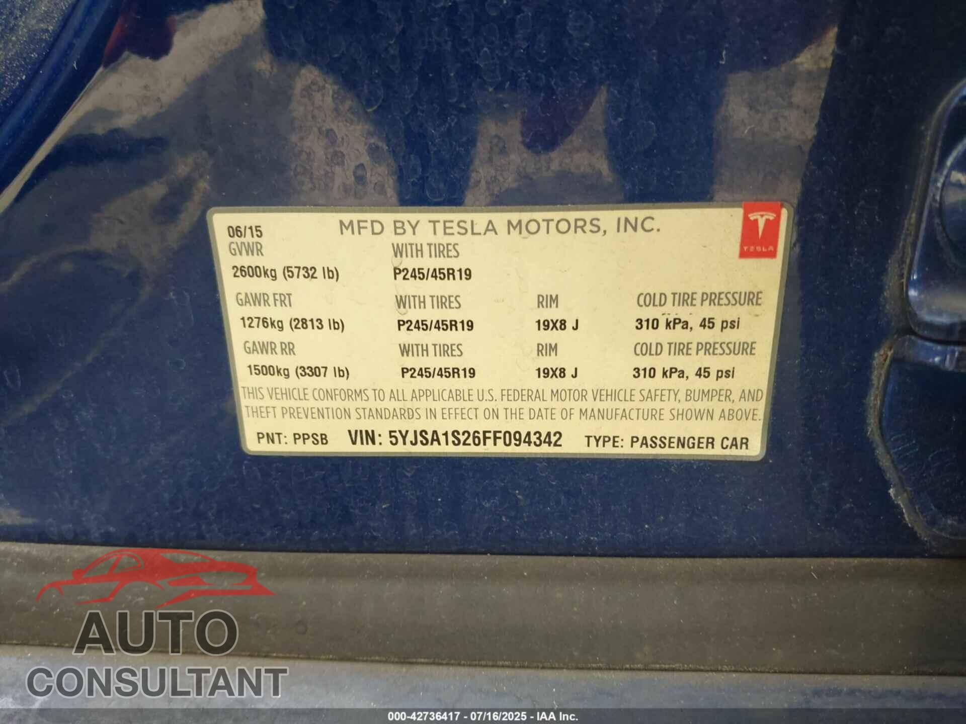TESLA MODEL S 2015 - 5YJSA1S26FF094342