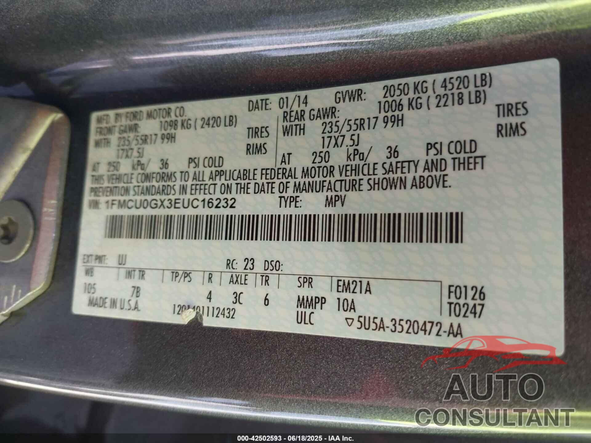 FORD ESCAPE 2014 - 1FMCU0GX3EUC16232