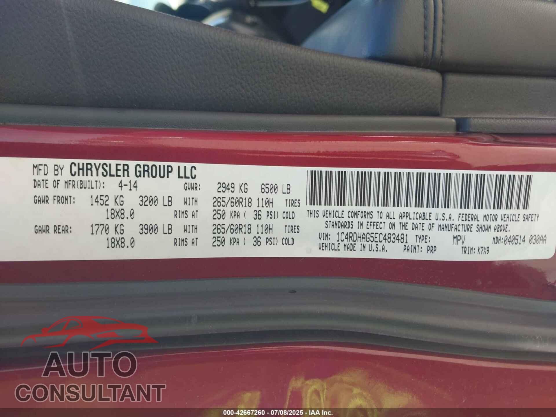 DODGE DURANGO 2014 - 1C4RDHAG5EC483481