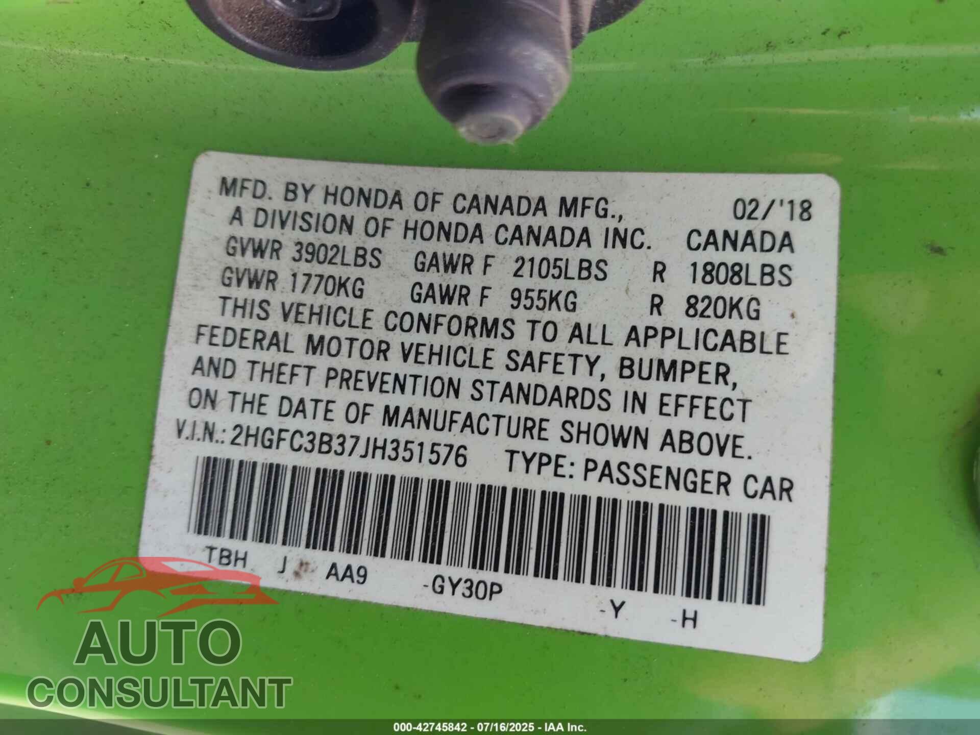 HONDA CIVIC 2018 - 2HGFC3B37JH351576
