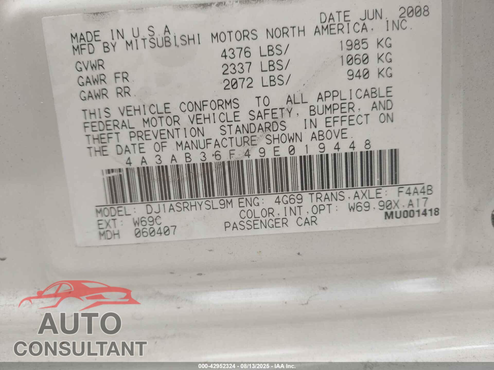 MITSUBISHI GALANT 2009 - 4A3AB36F49E019448