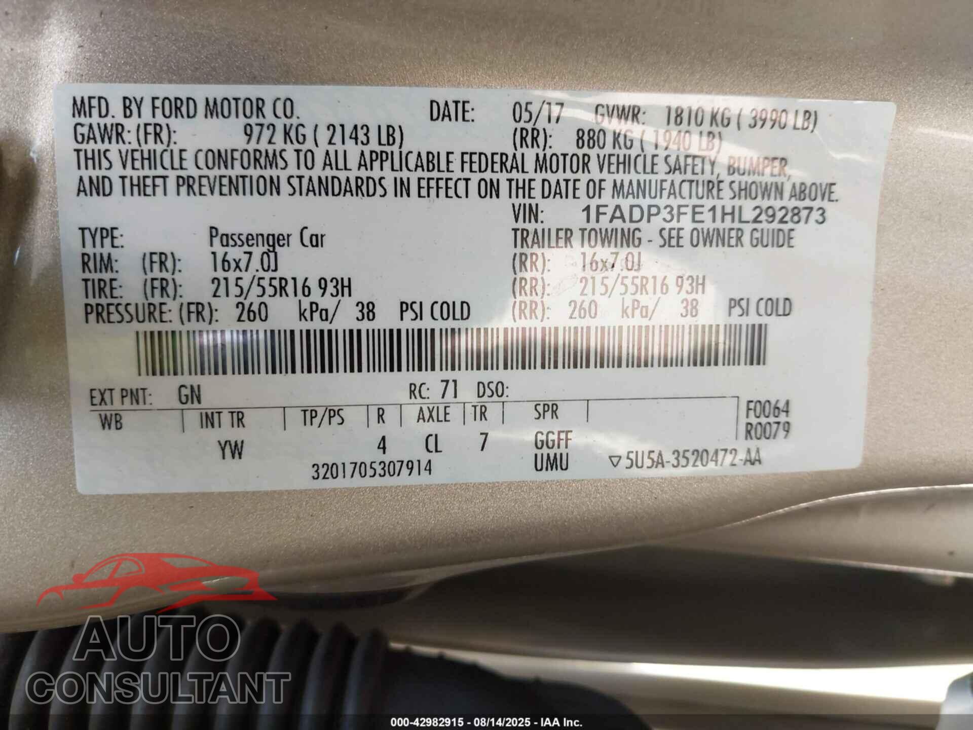 FORD FOCUS 2017 - 1FADP3FE1HL292873