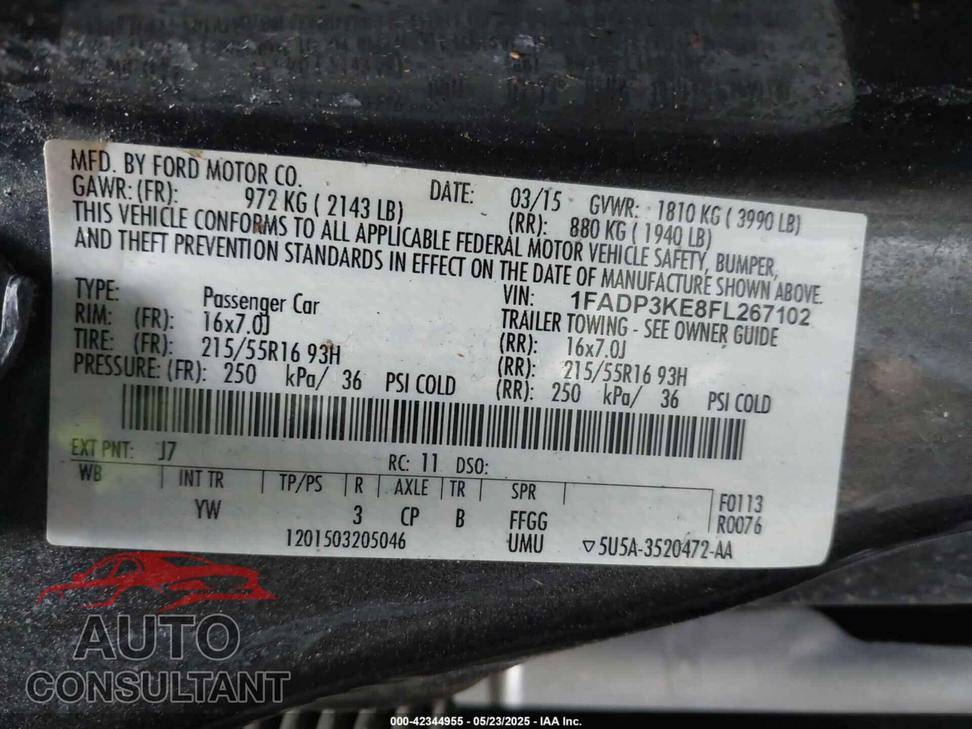FORD FOCUS 2015 - 1FADP3KE8FL267102