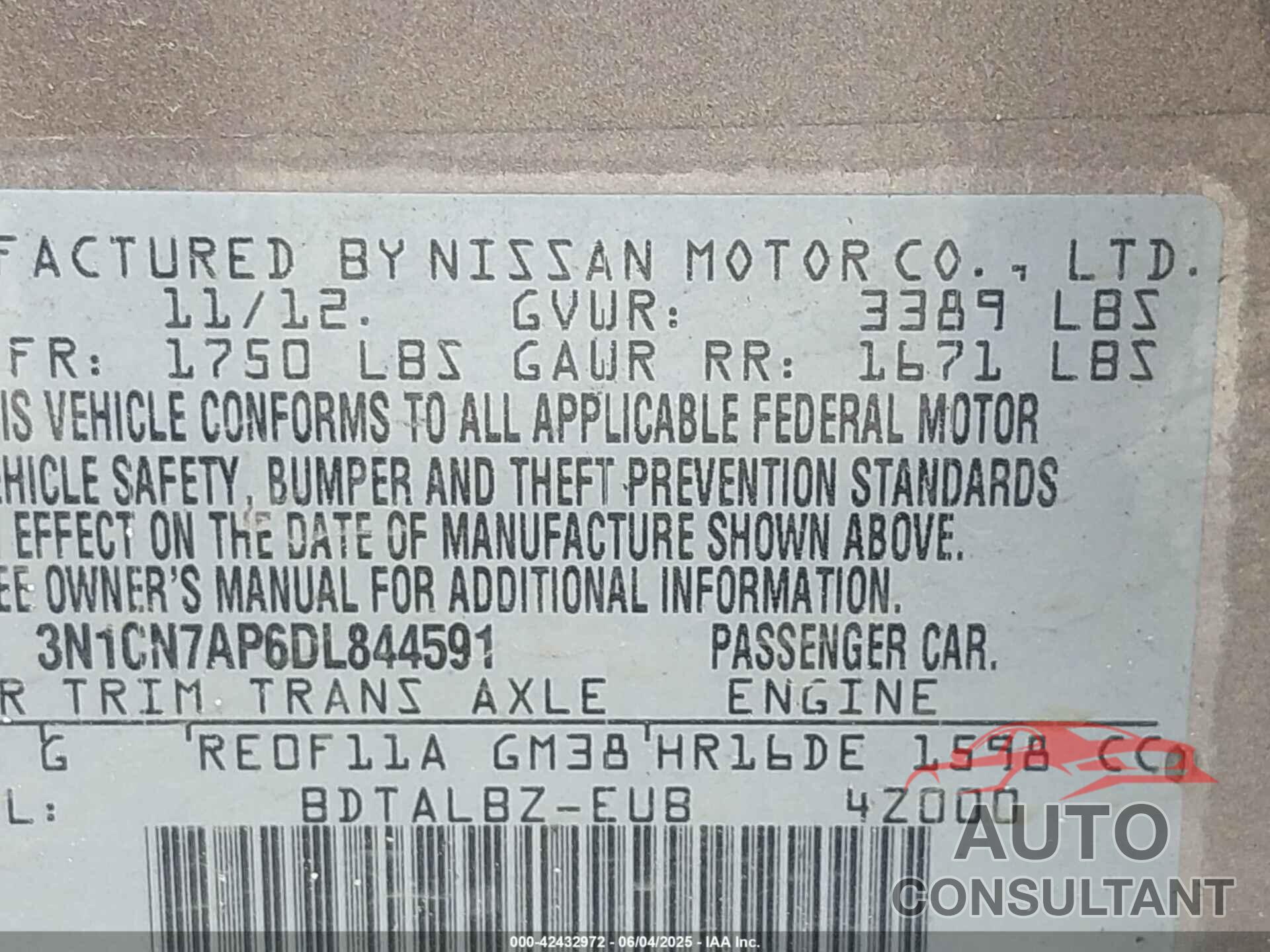 NISSAN VERSA 2013 - 3N1CN7AP6DL844591
