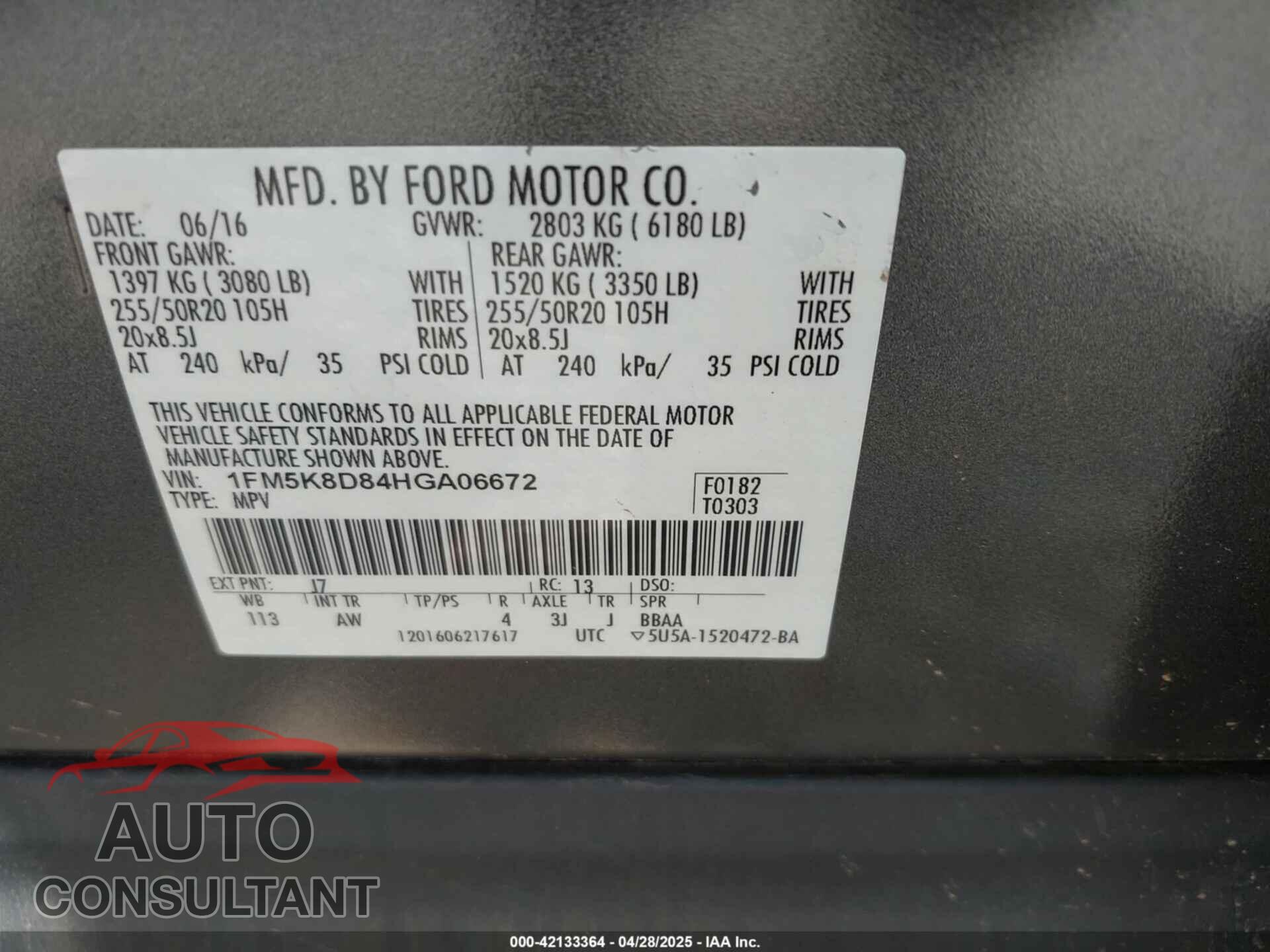 FORD EXPLORER 2017 - 1FM5K8D84HGA06672