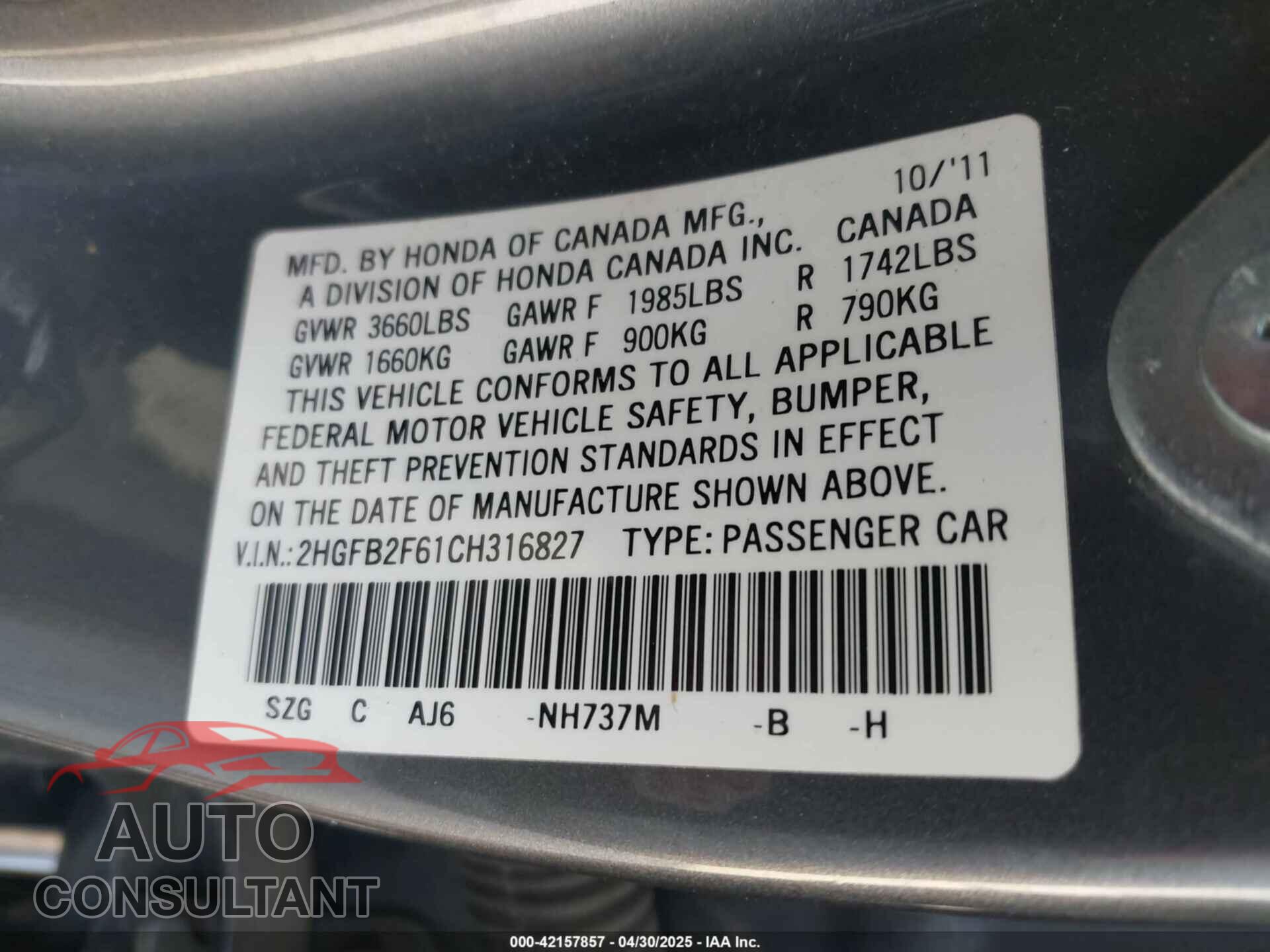 HONDA CIVIC 2012 - 2HGFB2F61CH316827