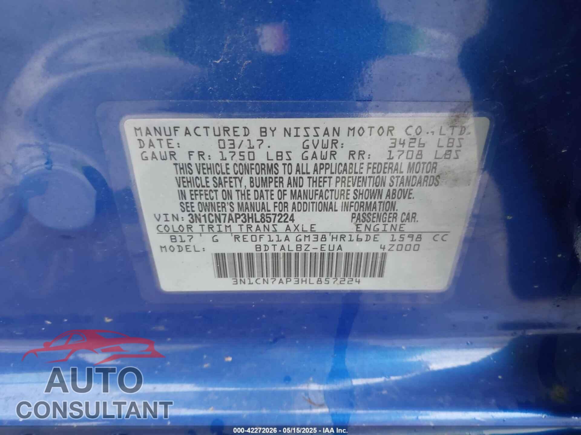 NISSAN VERSA 2017 - 3N1CN7AP3HL857224