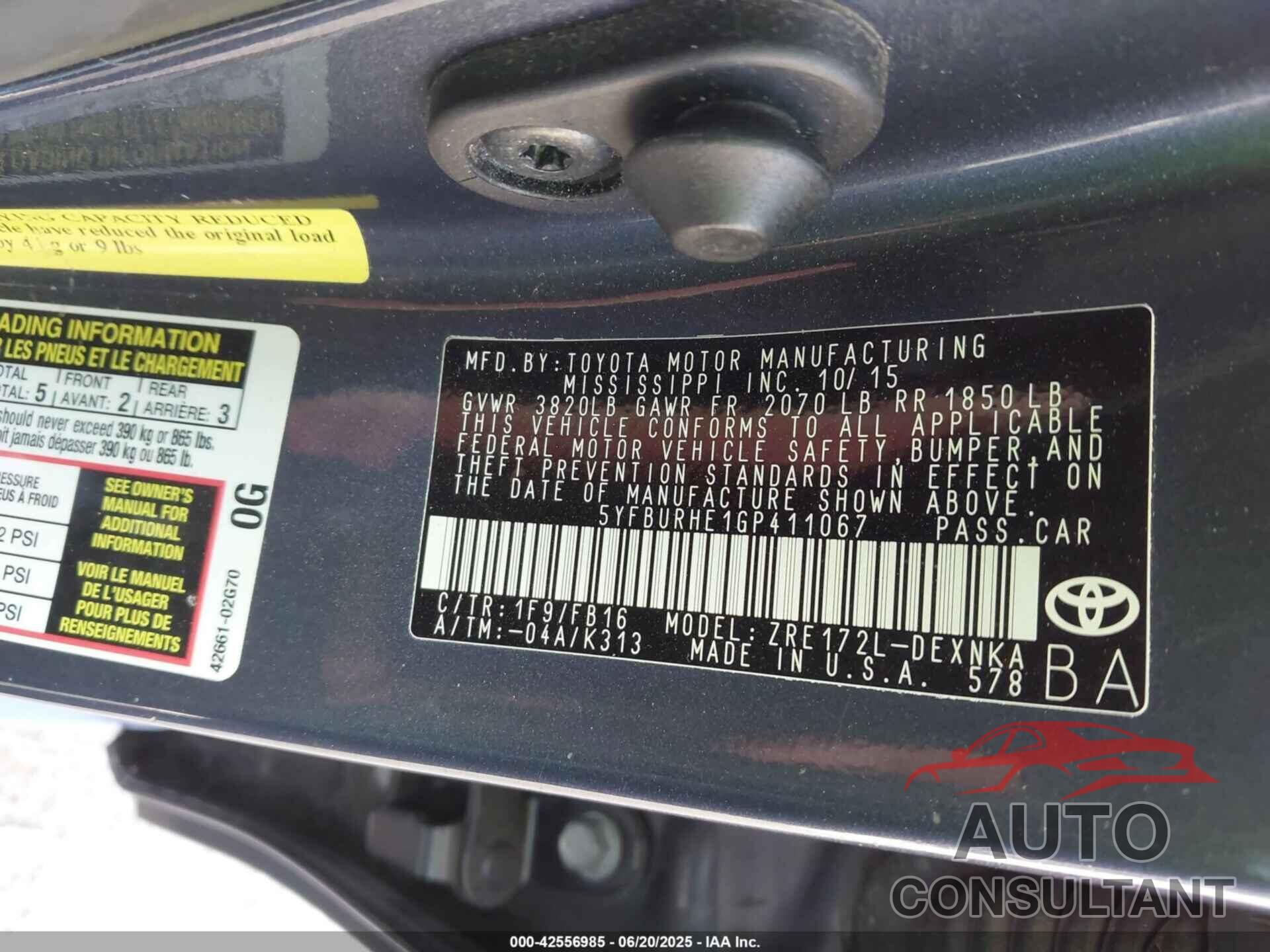 TOYOTA COROLLA 2016 - 5YFBURHE1GP411067
