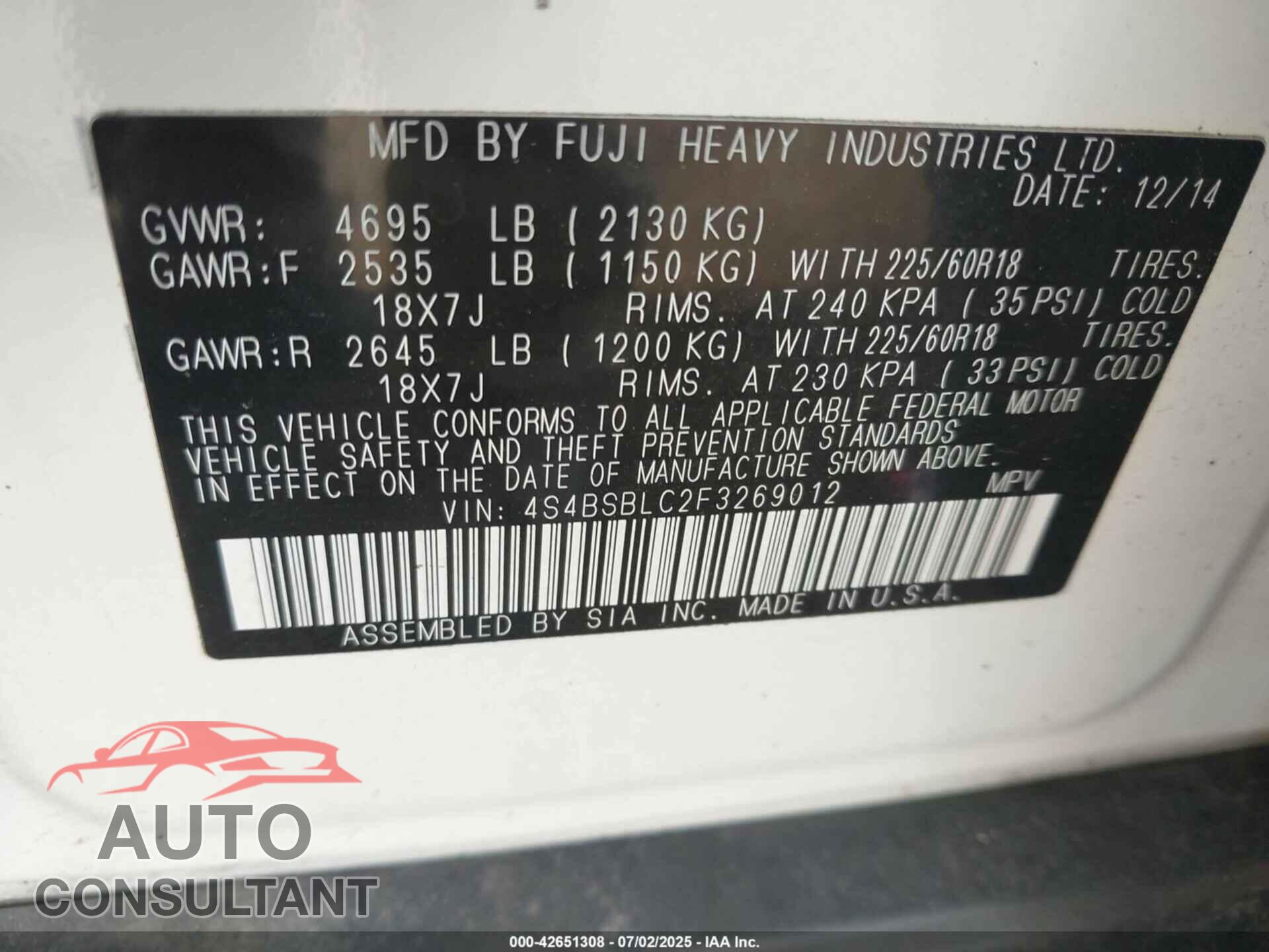 SUBARU OUTBACK 2015 - 4S4BSBLC2F3269012