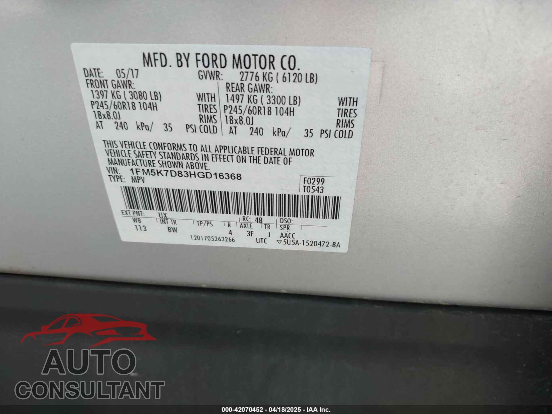 FORD EXPLORER 2017 - 1FM5K7D83HGD16368