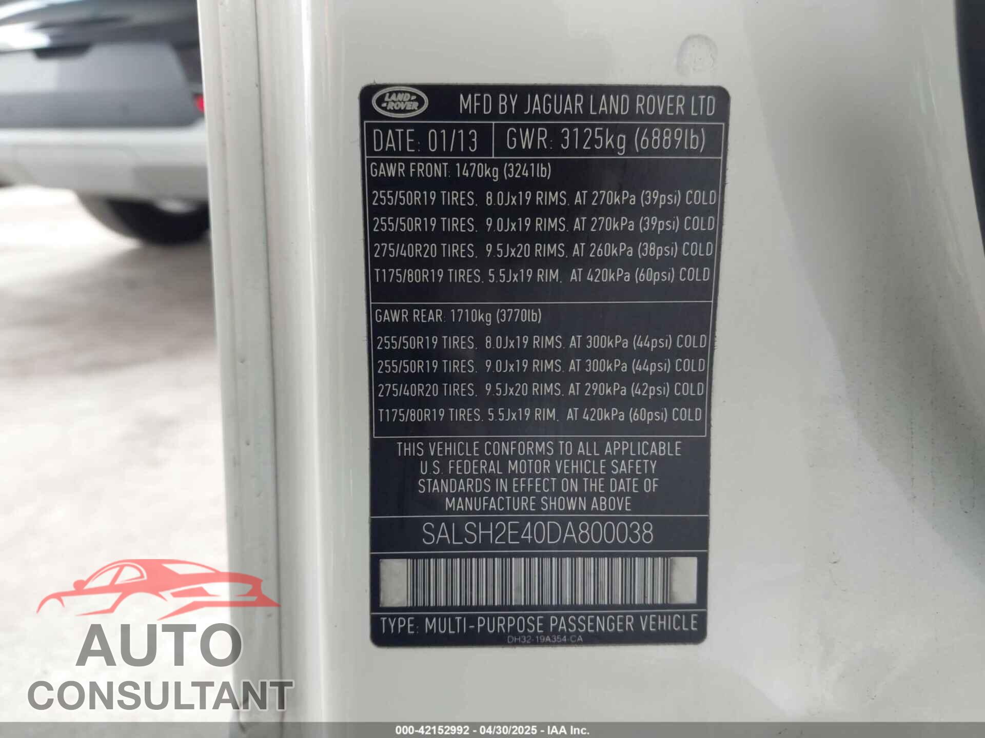 LAND ROVER RANGE ROVER SPORT 2013 - SALSH2E40DA800038