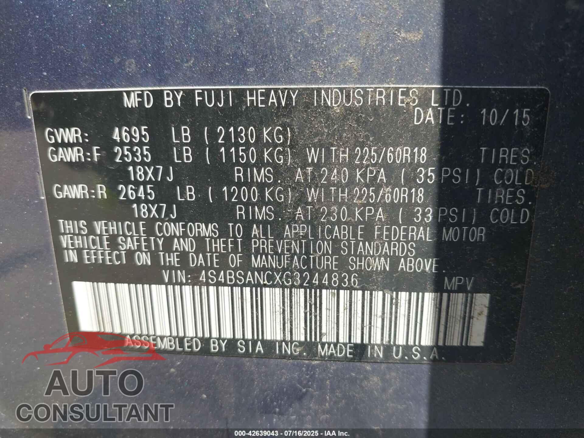 SUBARU OUTBACK 2016 - 4S4BSANCXG3244836