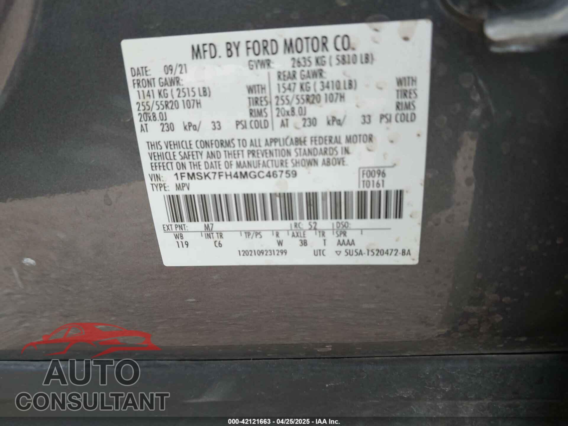 FORD EXPLORER 2021 - 1FMSK7FH4MGC46759