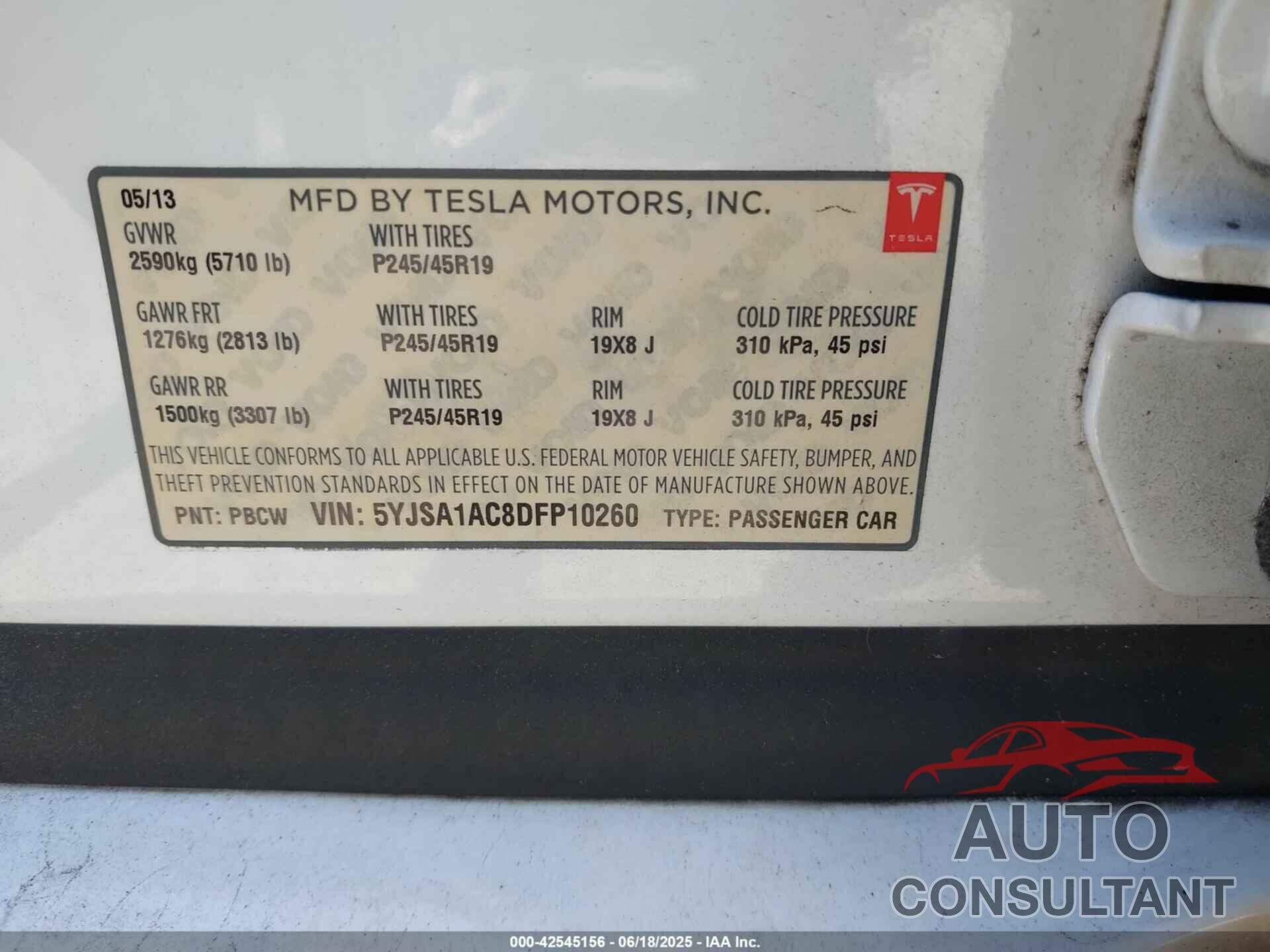 TESLA MODEL S 2013 - 5YJSA1AC8DFP10260