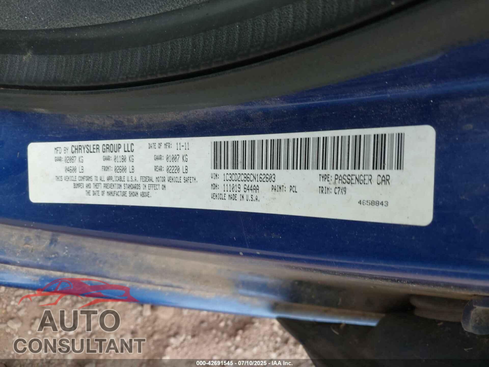 DODGE AVENGER 2012 - 1C3CDZCB6CN162603