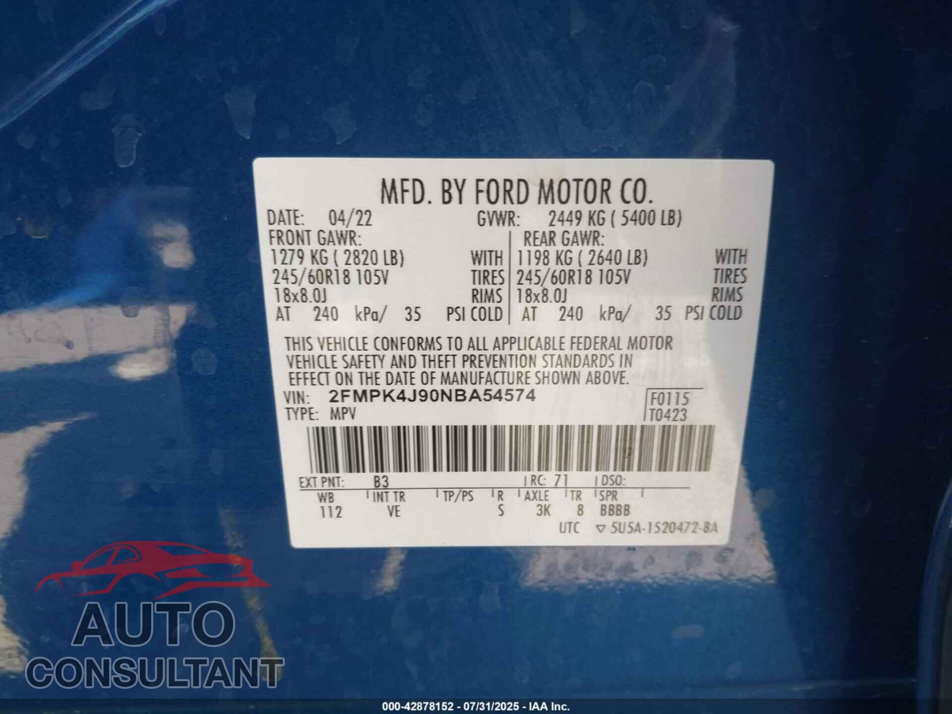 FORD EDGE 2022 - 2FMPK4J90NBA54574