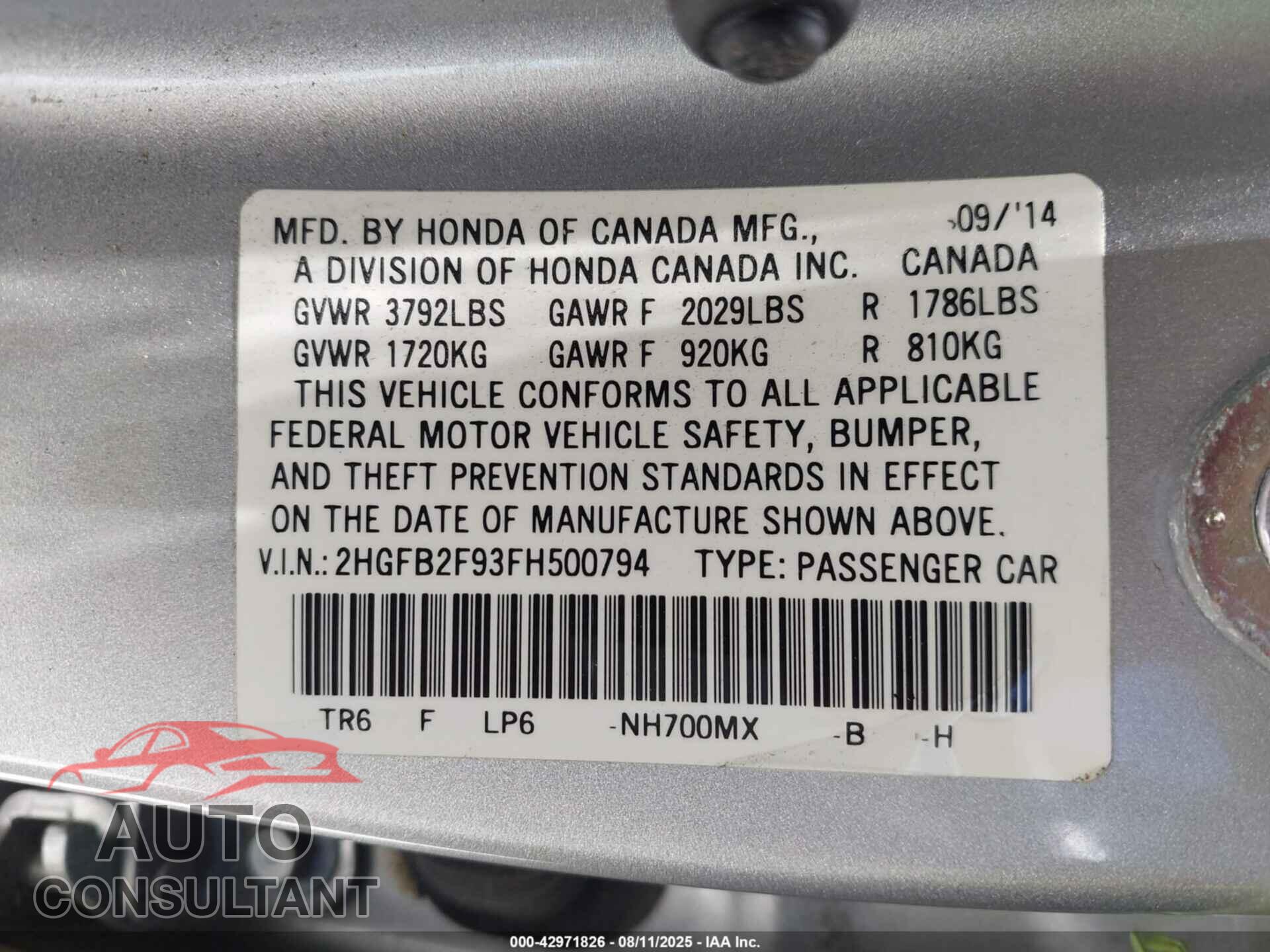 HONDA CIVIC 2015 - 2HGFB2F93FH500794
