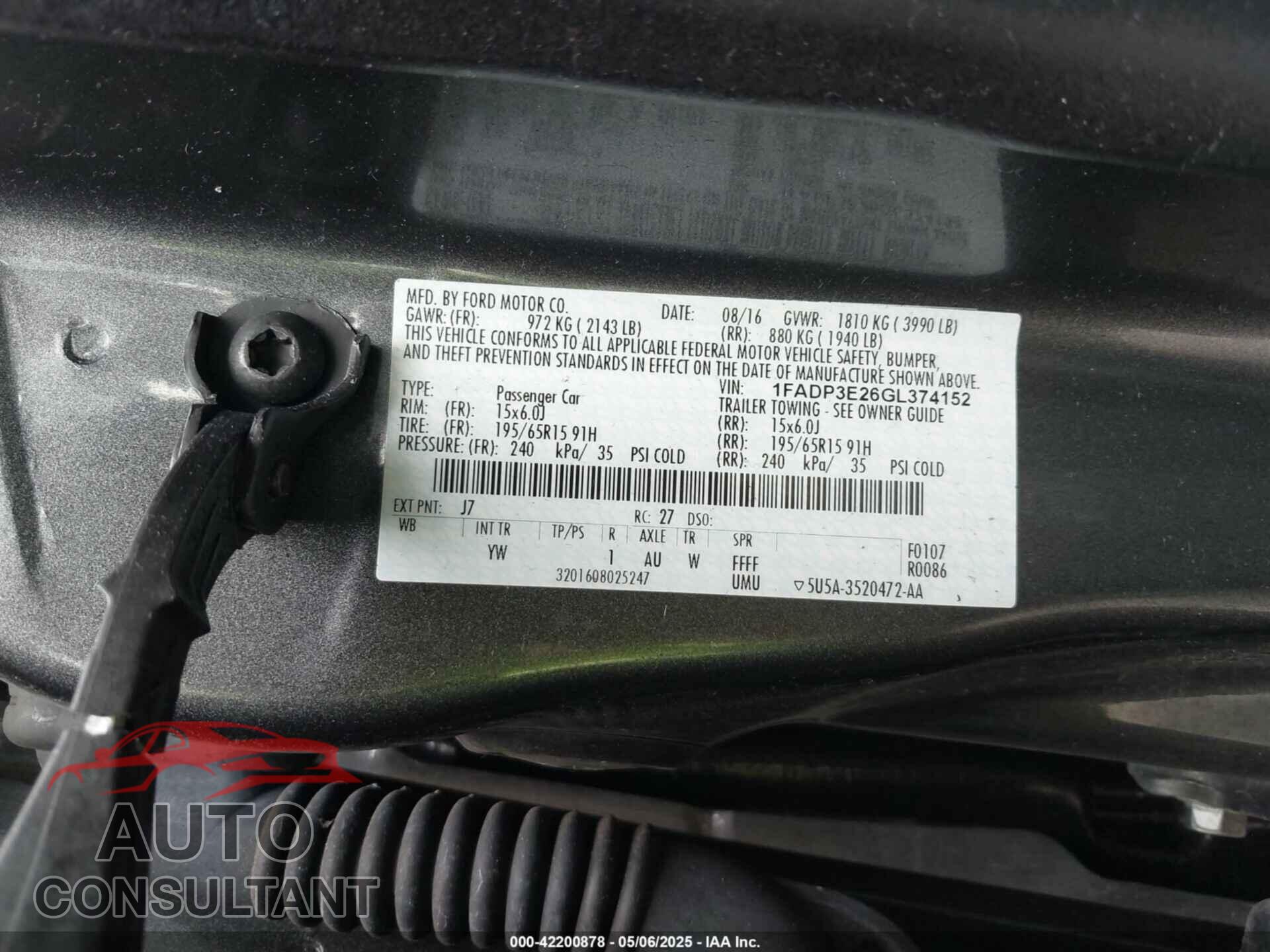 FORD FOCUS 2016 - 1FADP3E26GL374152
