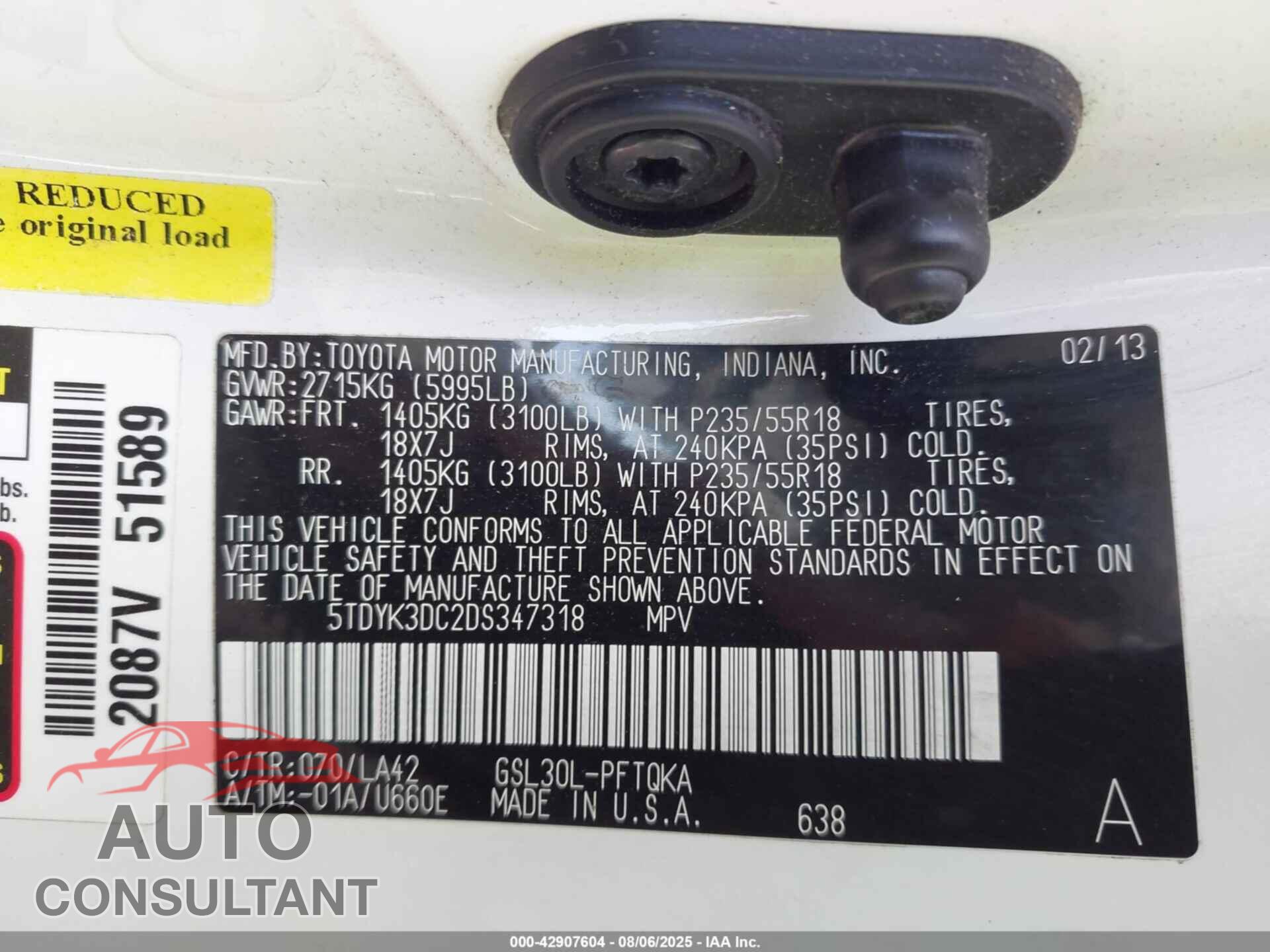 TOYOTA SIENNA 2013 - 5TDYK3DC2DS347318
