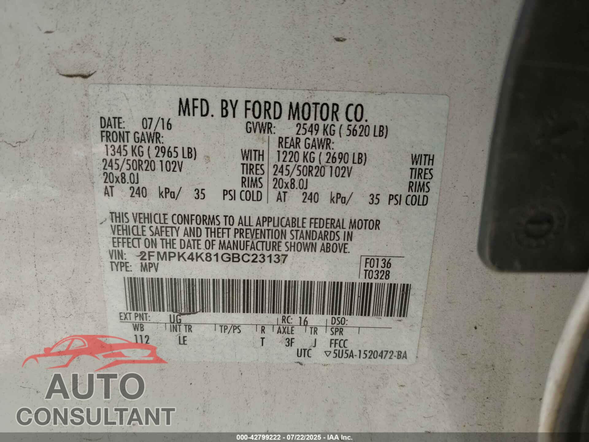 FORD EDGE 2016 - 2FMPK4K81GBC23137