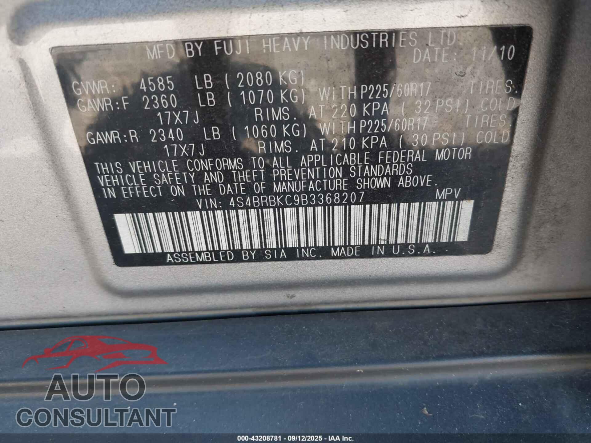 SUBARU OUTBACK 2011 - 4S4BRBKC9B3368207