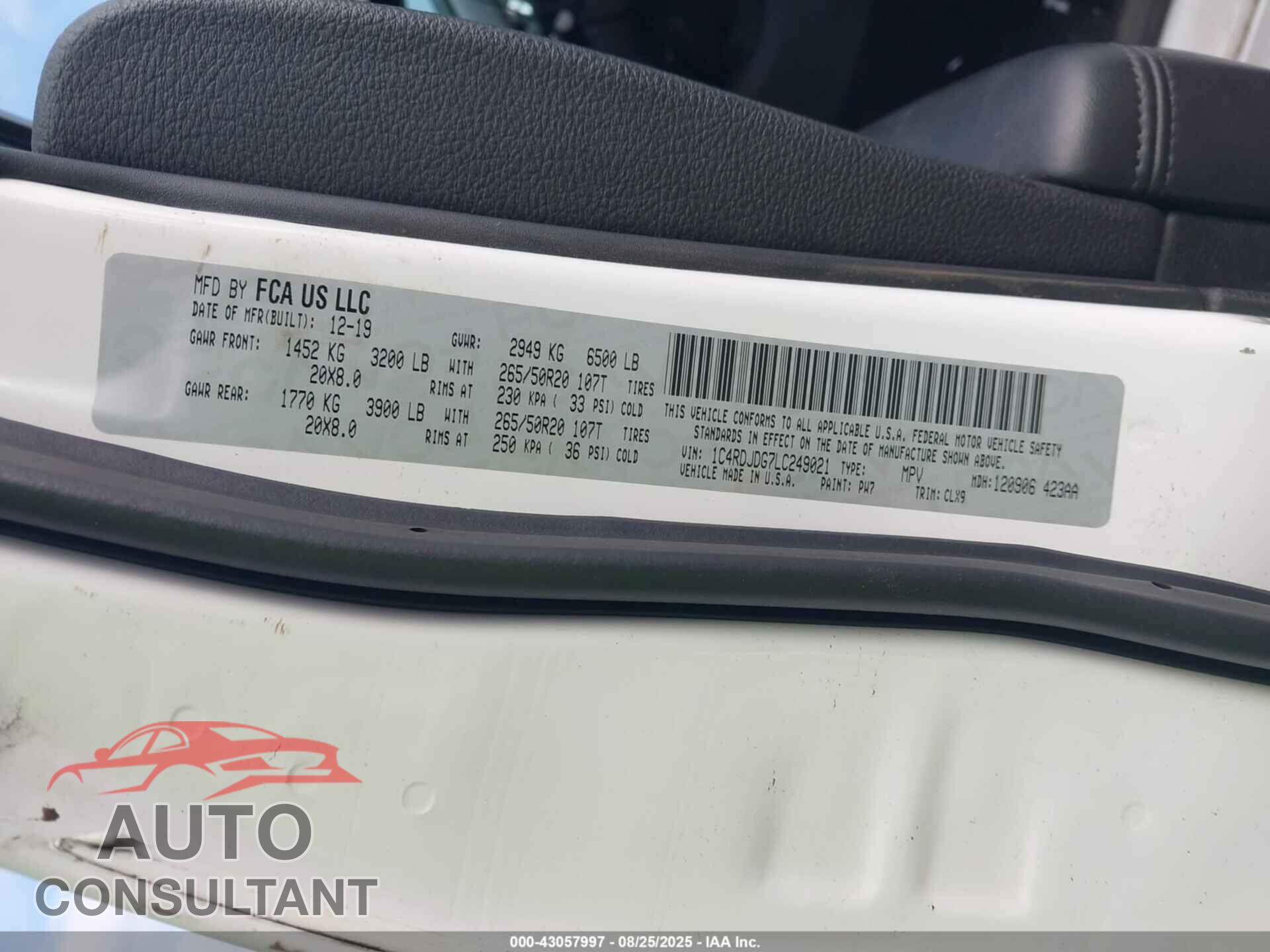 DODGE DURANGO 2020 - 1C4RDJDG7LC249021