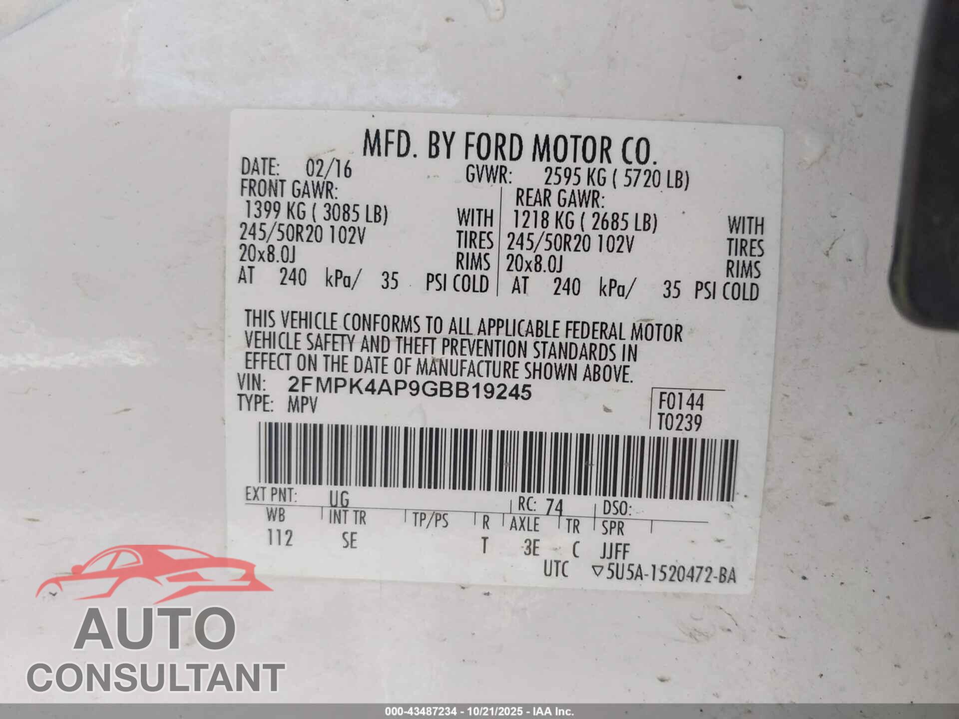 FORD EDGE 2016 - 2FMPK4AP9GBB19245