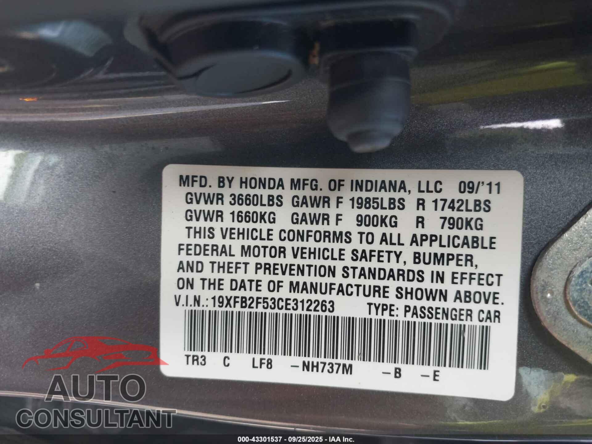 HONDA CIVIC 2012 - 19XFB2F53CE312263