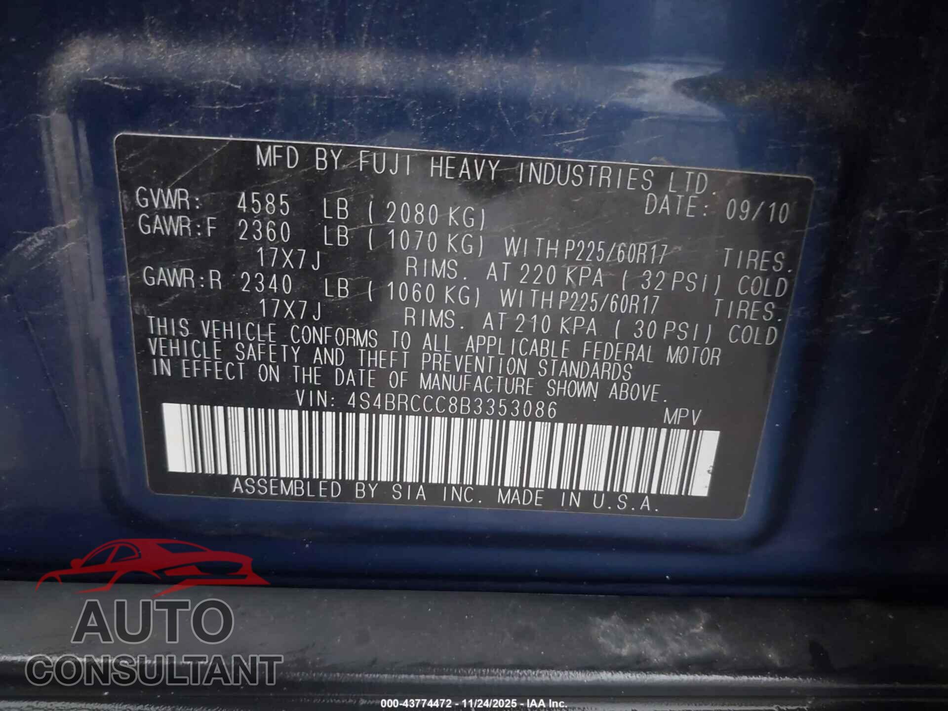 SUBARU OUTBACK 2011 - 4S4BRCCC8B3353086