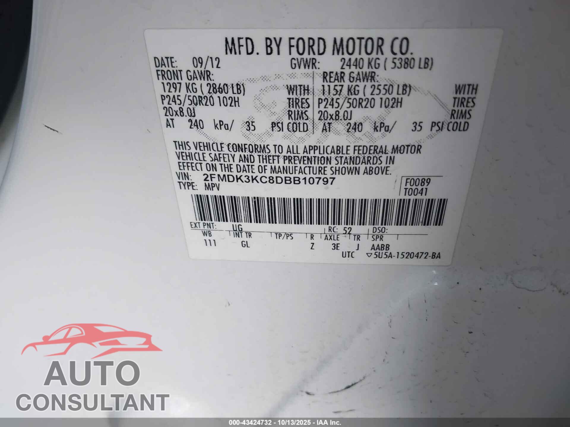 FORD EDGE 2013 - 2FMDK3KC8DBB10797