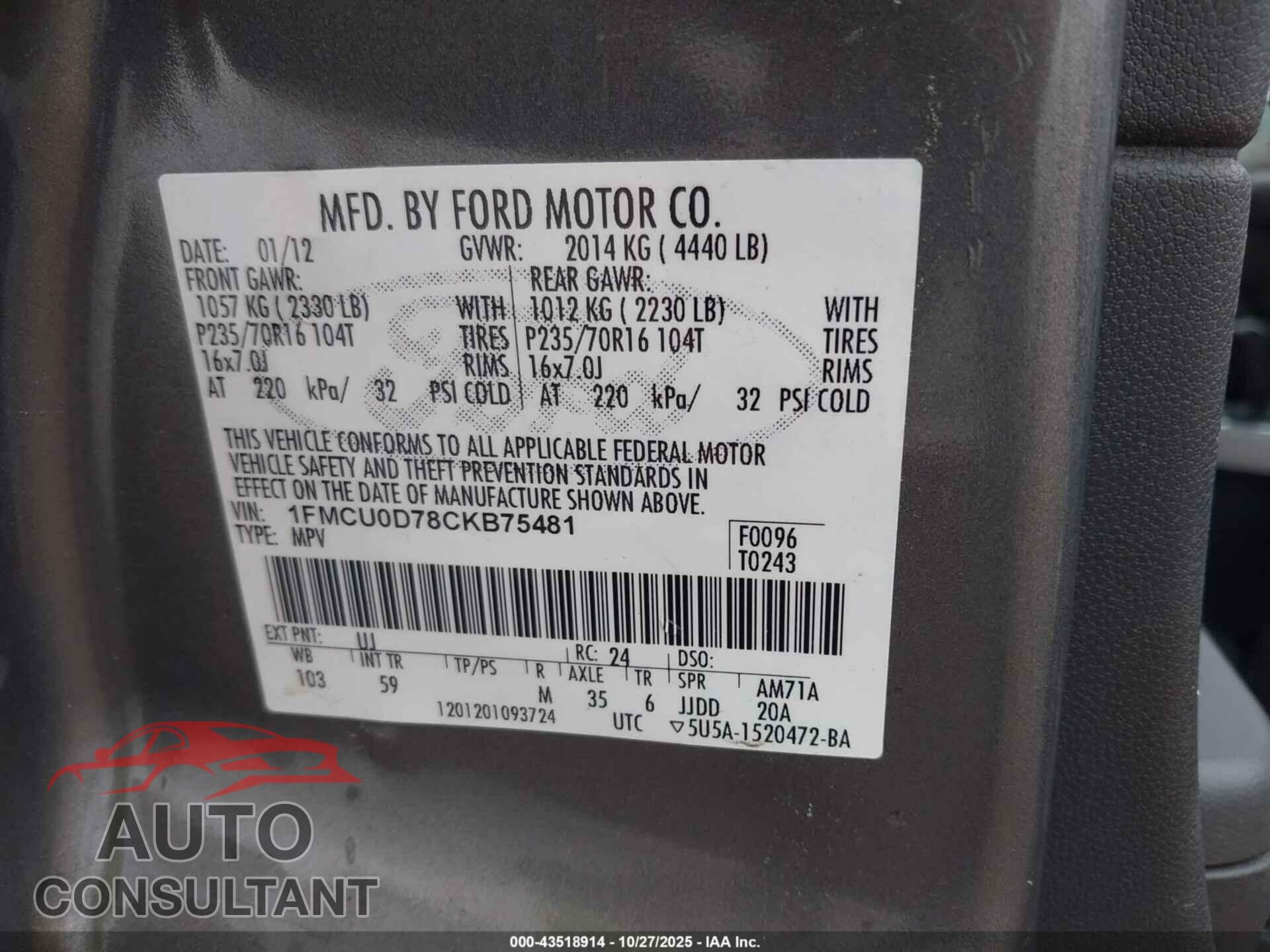 FORD ESCAPE 2012 - 1FMCU0D78CKB75481