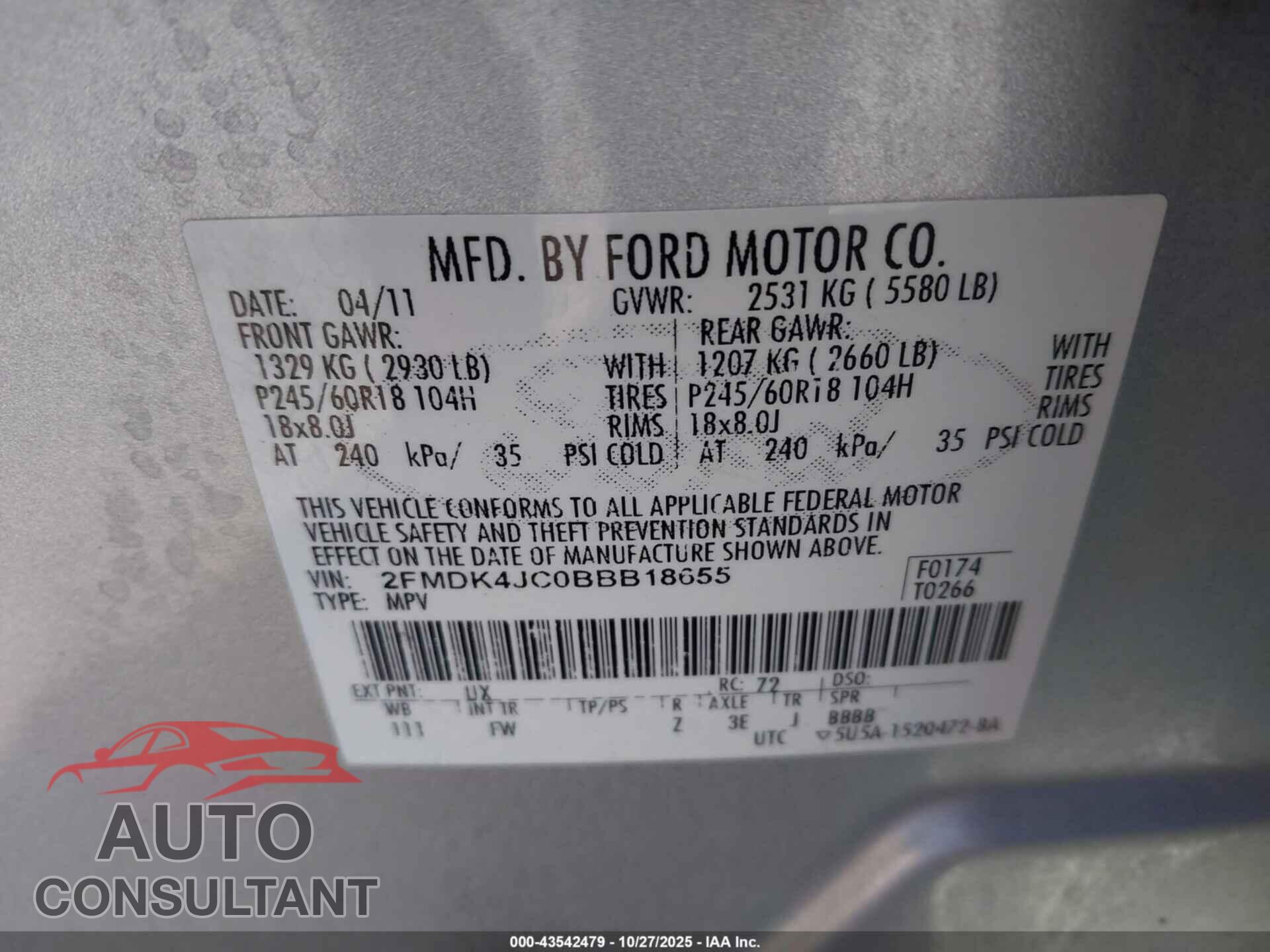 FORD EDGE 2011 - 2FMDK4JC0BBB18655