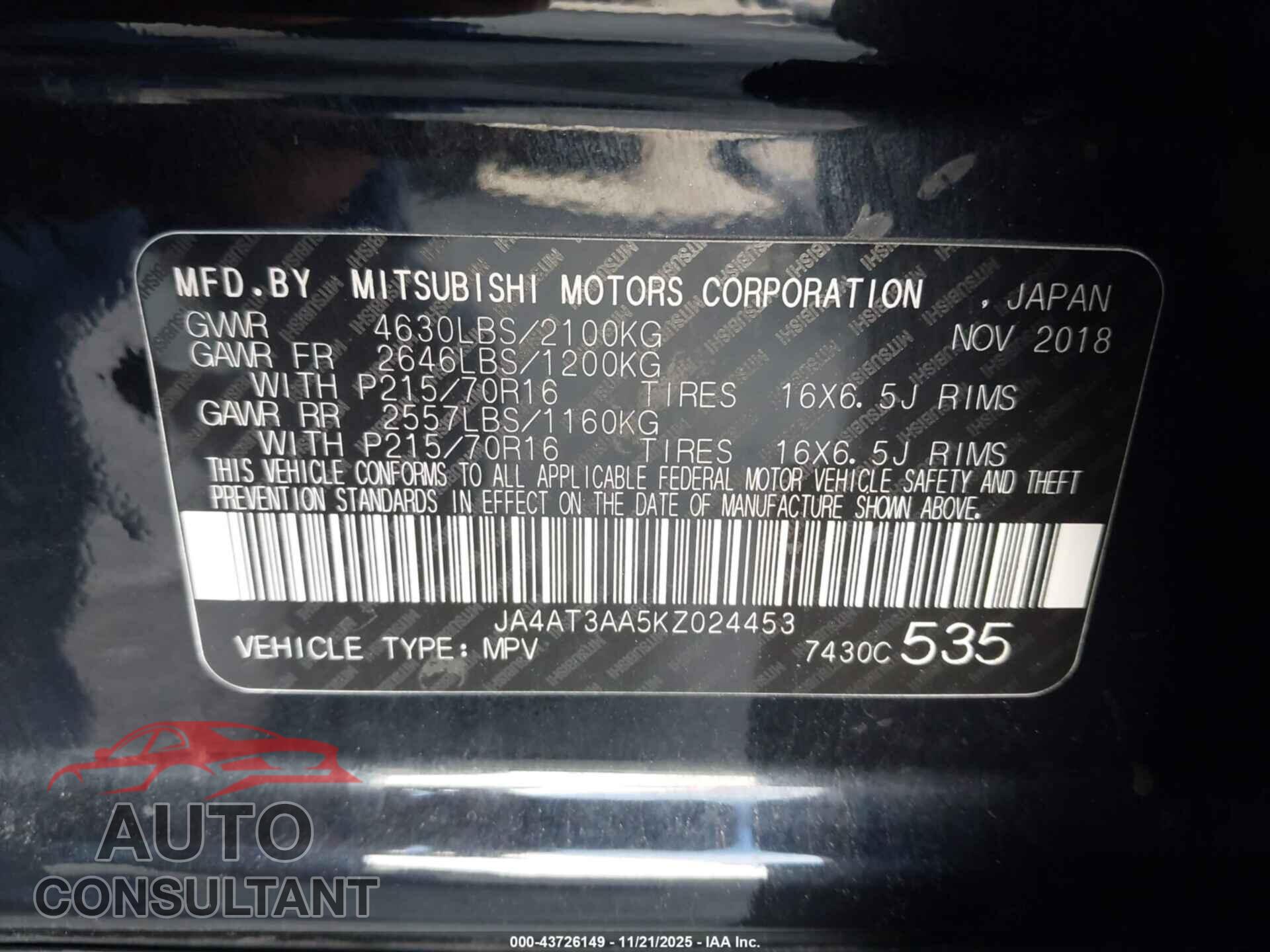 MITSUBISHI ECLIPSE CROSS 2019 - JA4AT3AA5KZ024453