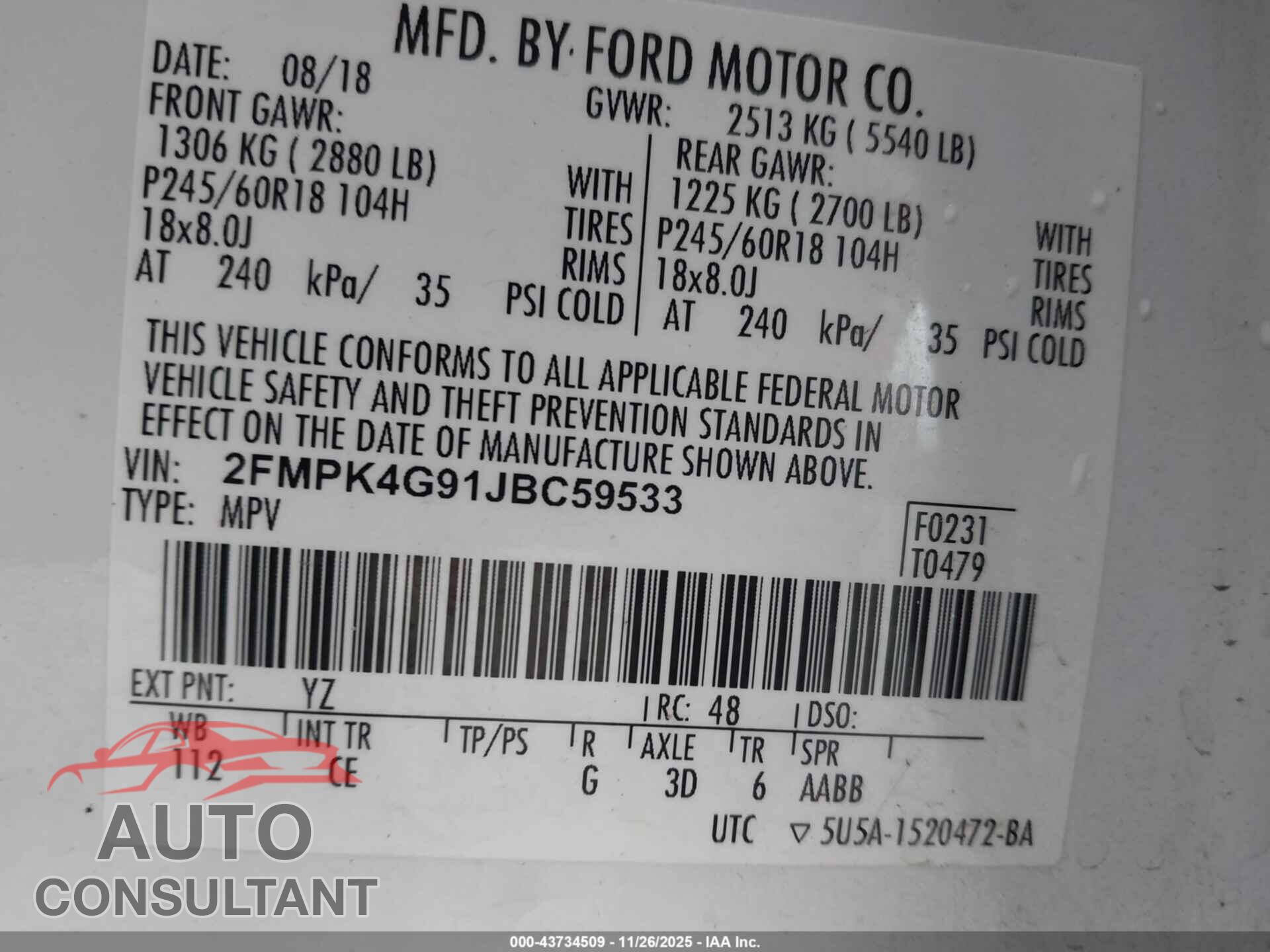 FORD EDGE 2018 - 2FMPK4G91JBC59533