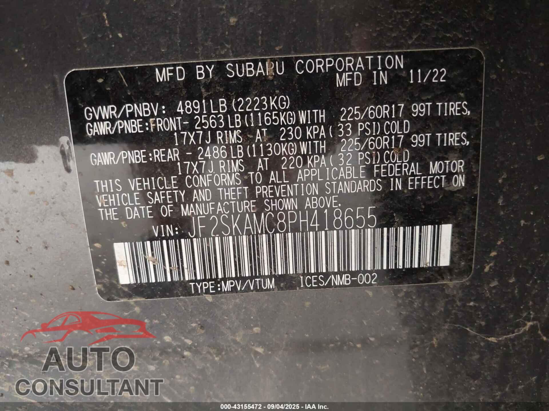 SUBARU FORESTER 2023 - JF2SKAMC8PH418655