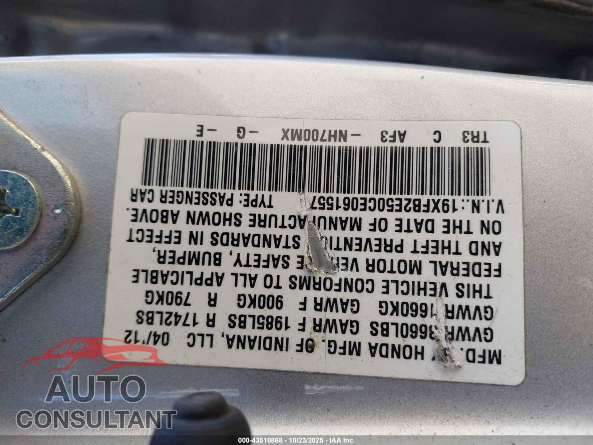 HONDA CIVIC 2012 - 19XFB2E50CE061557